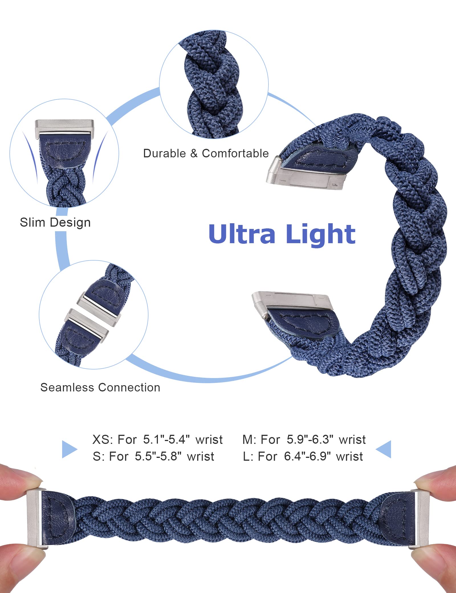 Elastic Braided Solo Loop Strap for Fitbit Sense/Sense 2/Versa 3/Versa 4 - Slim Stretchy Woven Wristband Accessory for Women - Navy Blue Size S - Perfect for Workouts, Running & Daily Wear