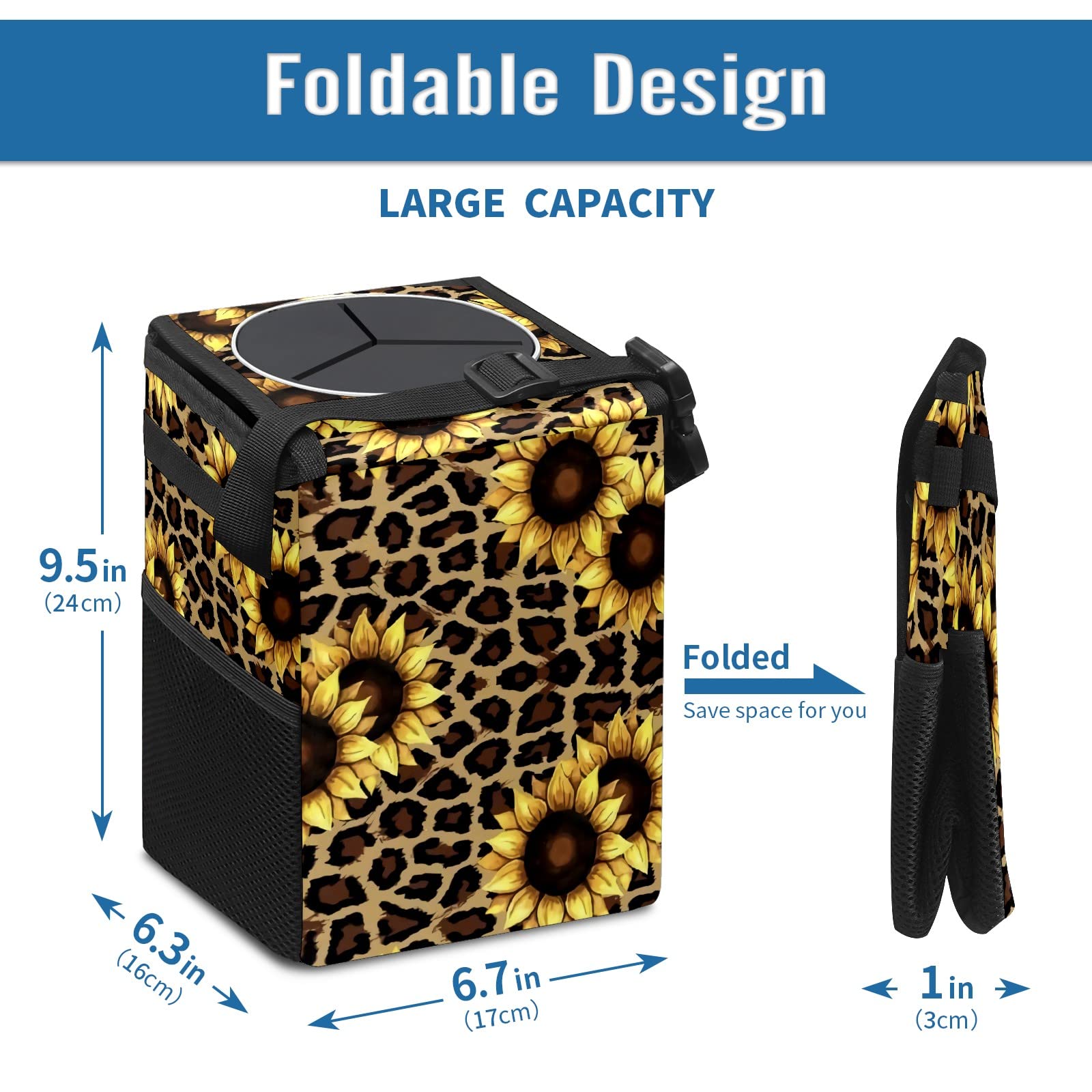 Leopard Sunflower Car Trash Can with Lid - Collapsible Reusable Waterproof Auto Garbage Bin for Car, Truck & SUV | Vehicle Interior Organizer Accessory | Perfect for Road Trips, Commuting & Family Travel
