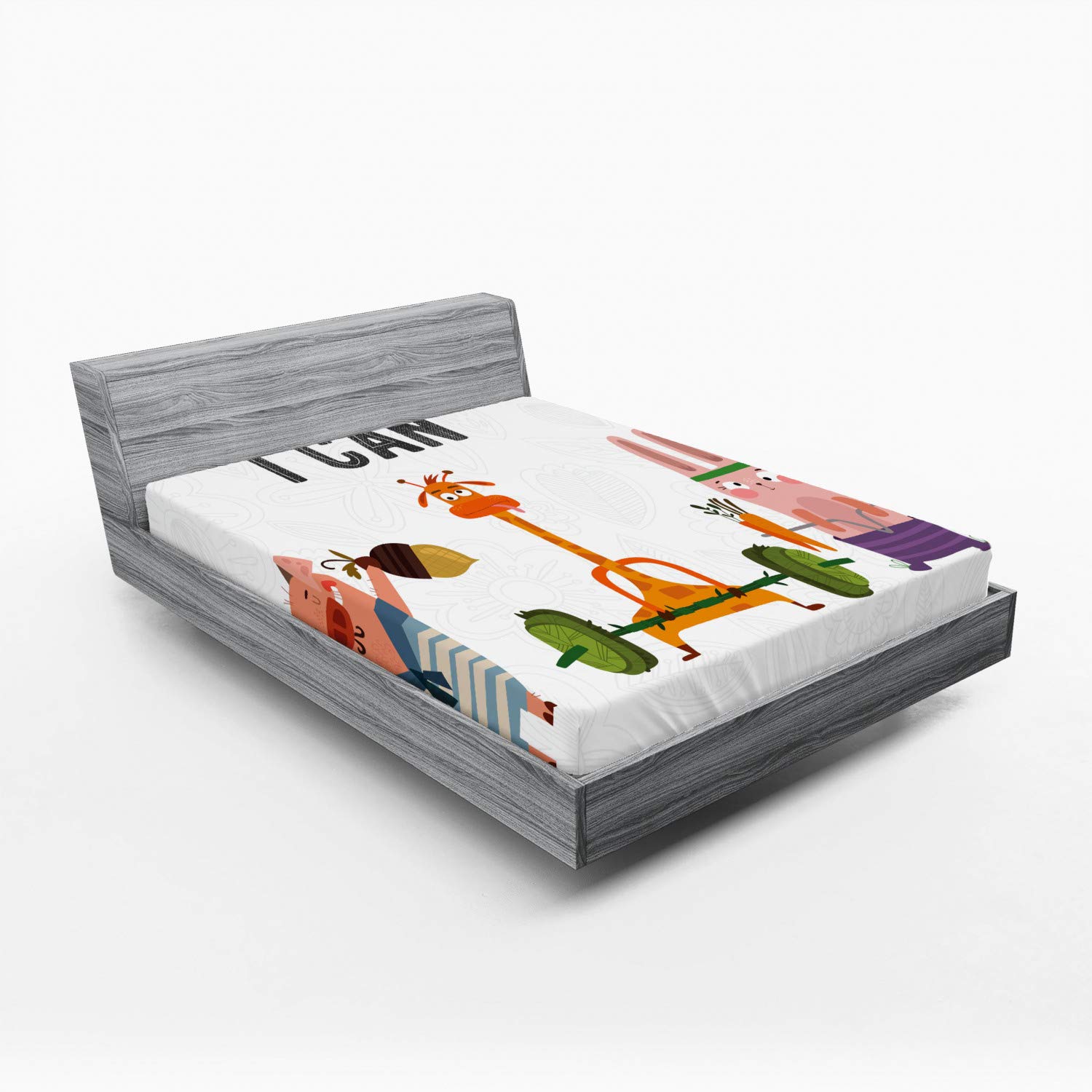 Ambesonne Fitness Fitted Sheet - Full Size Deep Pocket Bed Cover with All-Around Elastic | Pig, Rabbit & Giraffe Animal Print Design | Summer Workout Motivation | Perfect for Home Gym, Yoga Studio & Fitness Enthusiasts