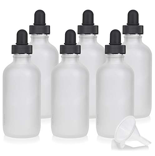 JUVITUS 4 oz Frosted Clear Glass Boston Round Bottle with Black Glass Dropper - 6 Pack Set Includes Funnel for Essential Oils, DIY Beauty Products & Herbal Remedies
