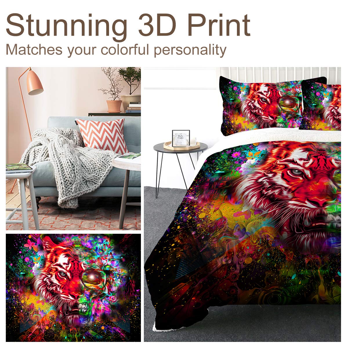Super Soft Sherpa Comforter Set - Faux Fur Bedspread, 3D Lightweight Fuzzy Duvet Blanket with Polyester Filler, Includes 2 Pillow Shams (Rainbow Tiger, King Size) - Cozy Winter Bedding for Home, Dorm & Guest Room
