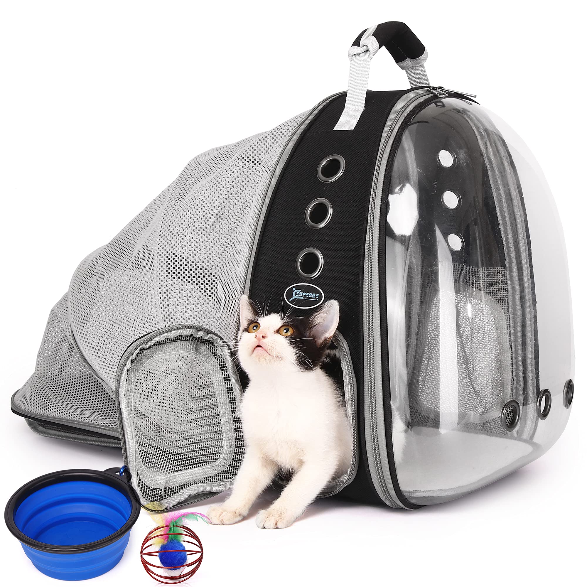 SUPERBE Expandable Transparent Cat & Dog Carrier Backpack - Airline-Approved Bubble Pet Travel Bag for Small Dogs & Kittens - Hiking, Travel, Outdoor Adventures (Black)