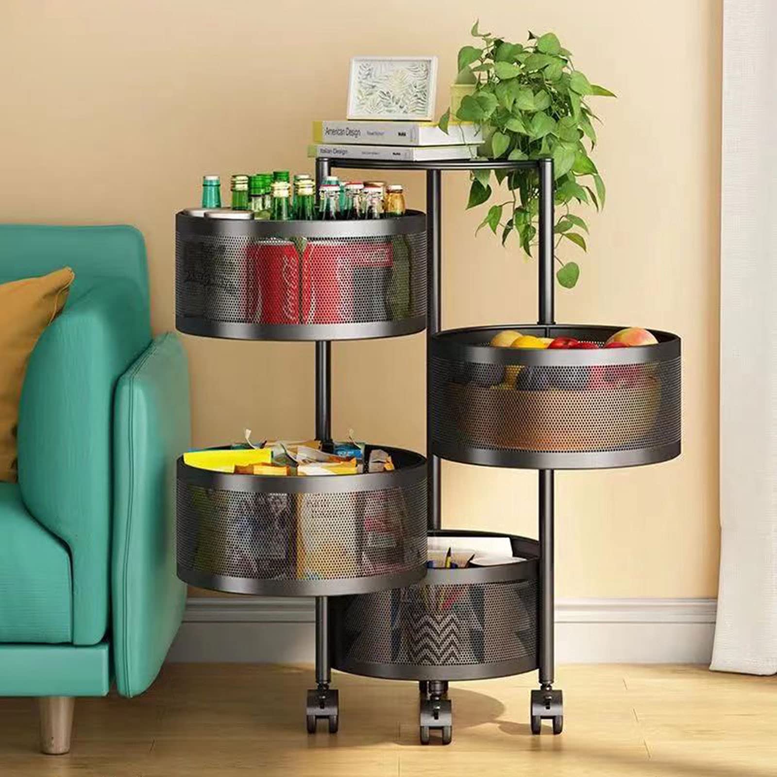 4-Tier Rolling Fruit Basket for Kitchen Storage - Round Fruit & Vegetable Stand with Wheels, Multi-Purpose Organizer for Kitchen, Bathroom, Laundry Room, Garage - Perfect for Fresh Produce Display & Home Organization