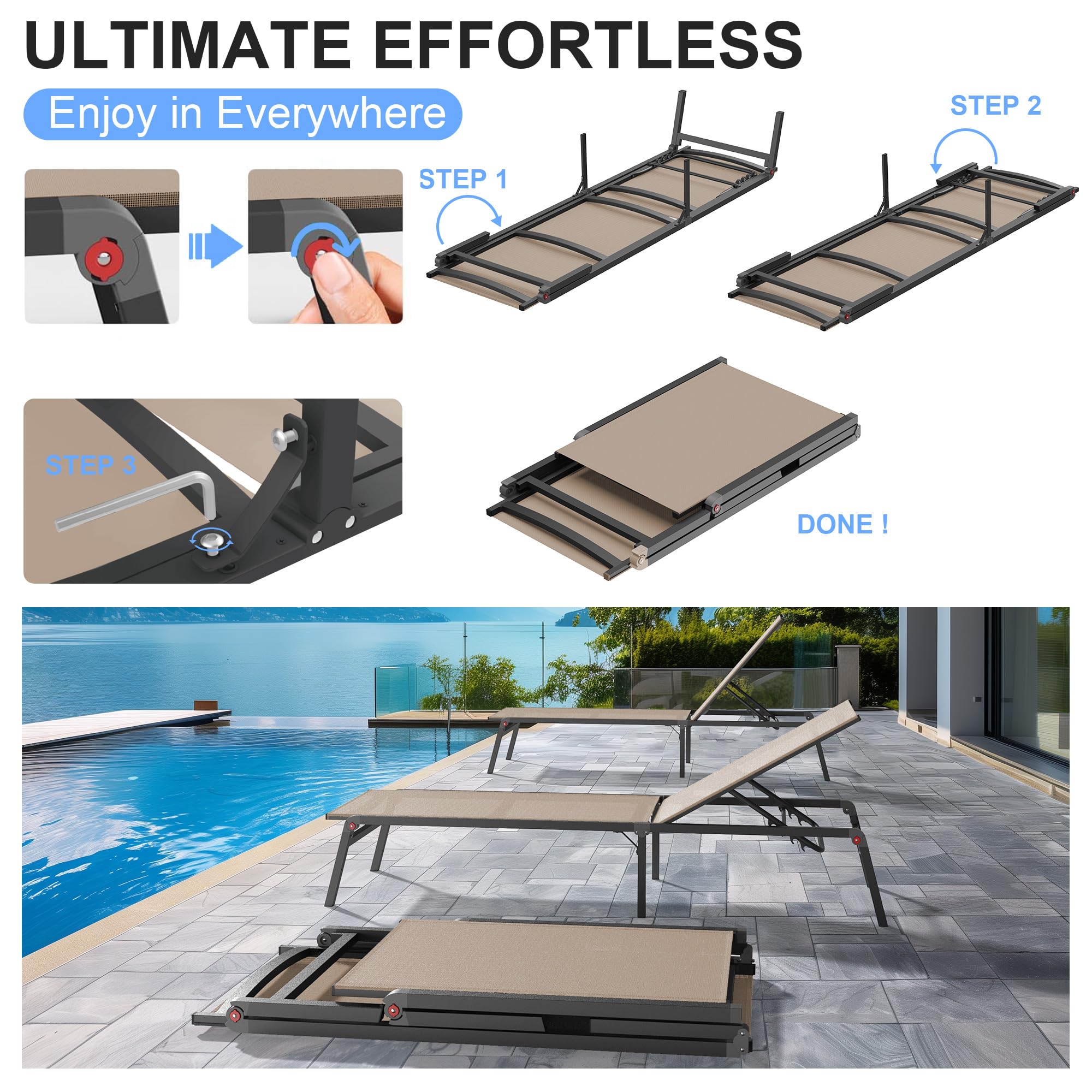 Premium Foldable Outdoor Lounge Chair - 0-60° Adjustable Backrest, No Assembly Tanning Chaise - Lightweight Stainless Aluminum Frame for Patio, Poolside & Beach Relaxation (Khaki) | Perfect for Sunbathing, Backyard Lounging & Vacation Getaways
