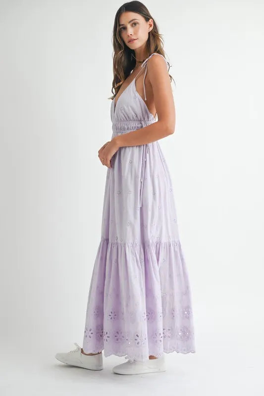Elegant Eyelet Lace Maxi Dress with Adjustable Side Straps - Perfect for Summer Weddings, Beach Vacations & Boho Fashion