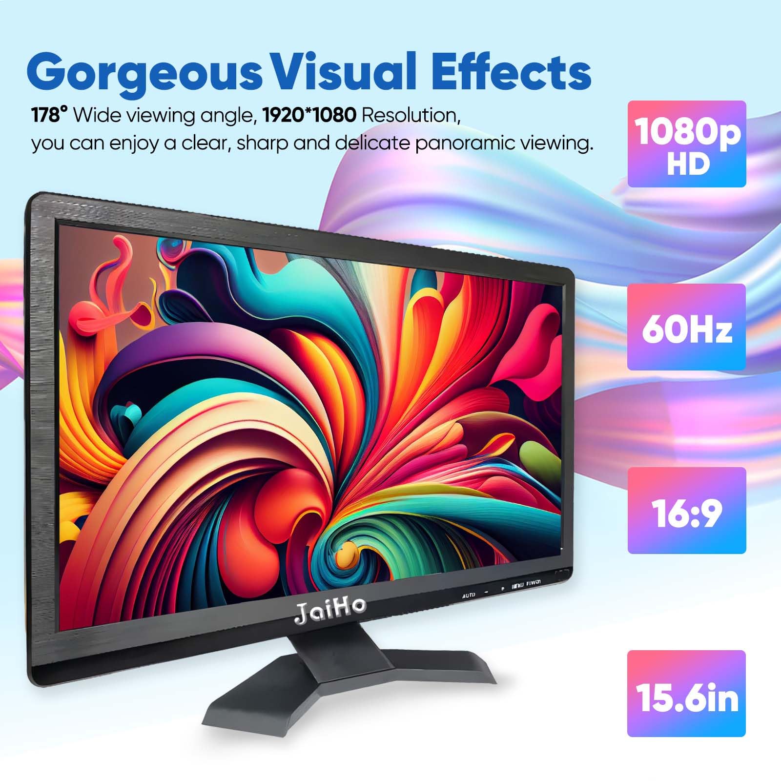 15.6 Inch 60Hz Full HD 1920x1080 Computer Monitor - Widescreen 16:9 Office PC Display with HDMI/VGA Inputs - VESA Mountable Gaming & CCTV Monitor for Raspberry Pi, Home Office & Workstation Use