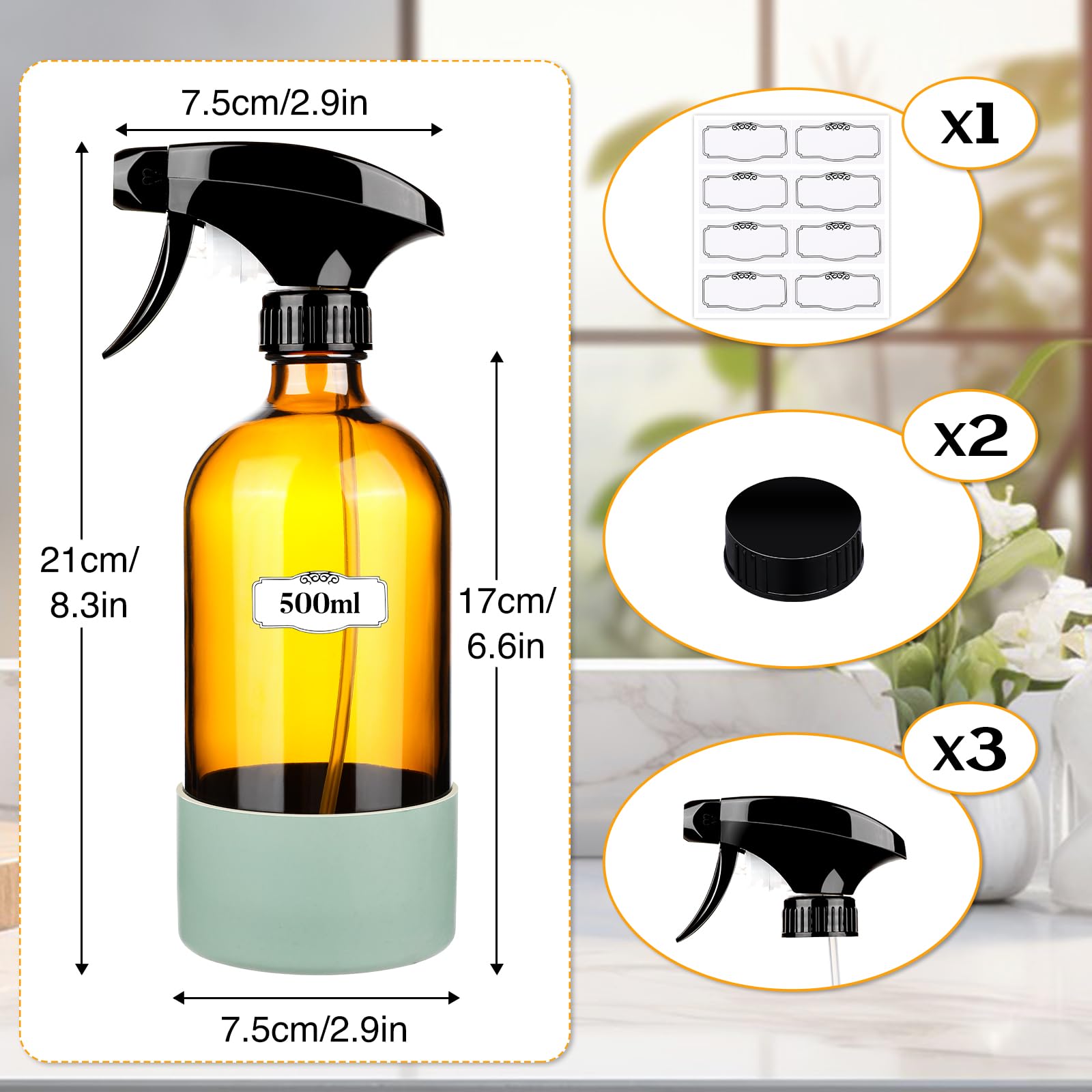 2 Pack 16 Oz Glass Spray Bottles with Silicone Sleeve - Refillable Amber Bottles with Upgraded Adjustable Nozzle for Cleaning, Essential Oils, Hair Care - Perfect for Home, Kitchen, Bathroom & DIY Projects