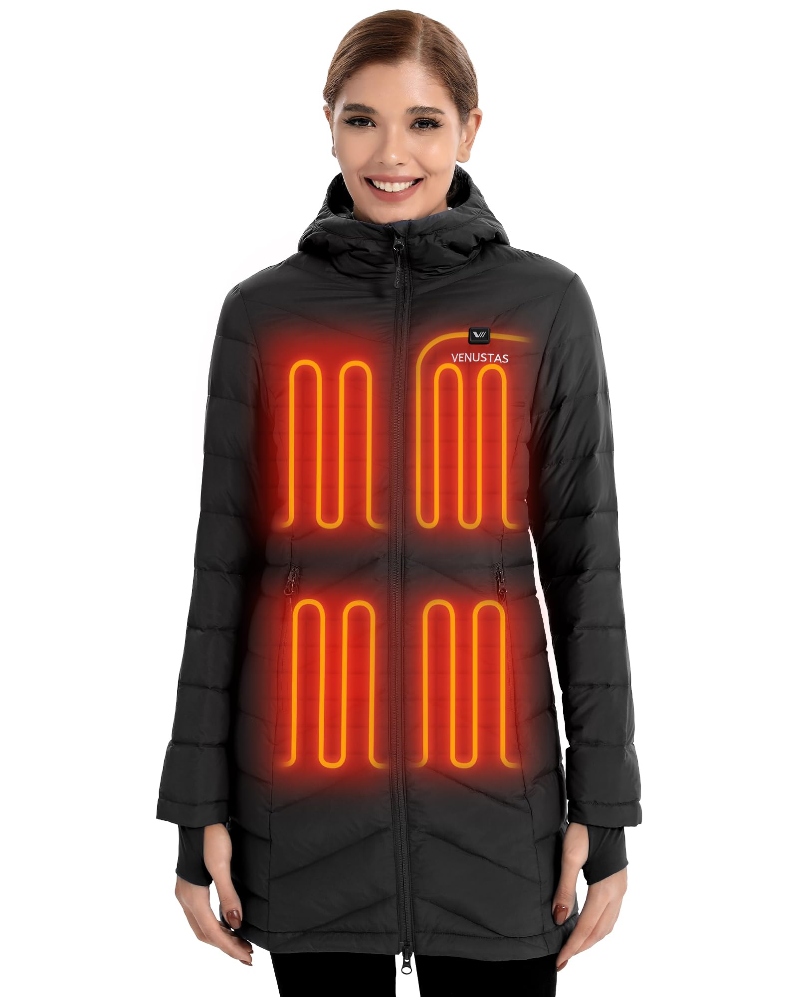 Venustas Women's Long Heated Down Jacket with Rechargeable Battery - 90% Duck Down Electric Puffer Coat for Winter, Outdoor Activities, Camping & Skiing | Warm & Waterproof Cold Weather Jacket for Hiking, Snowboarding & Daily Commute