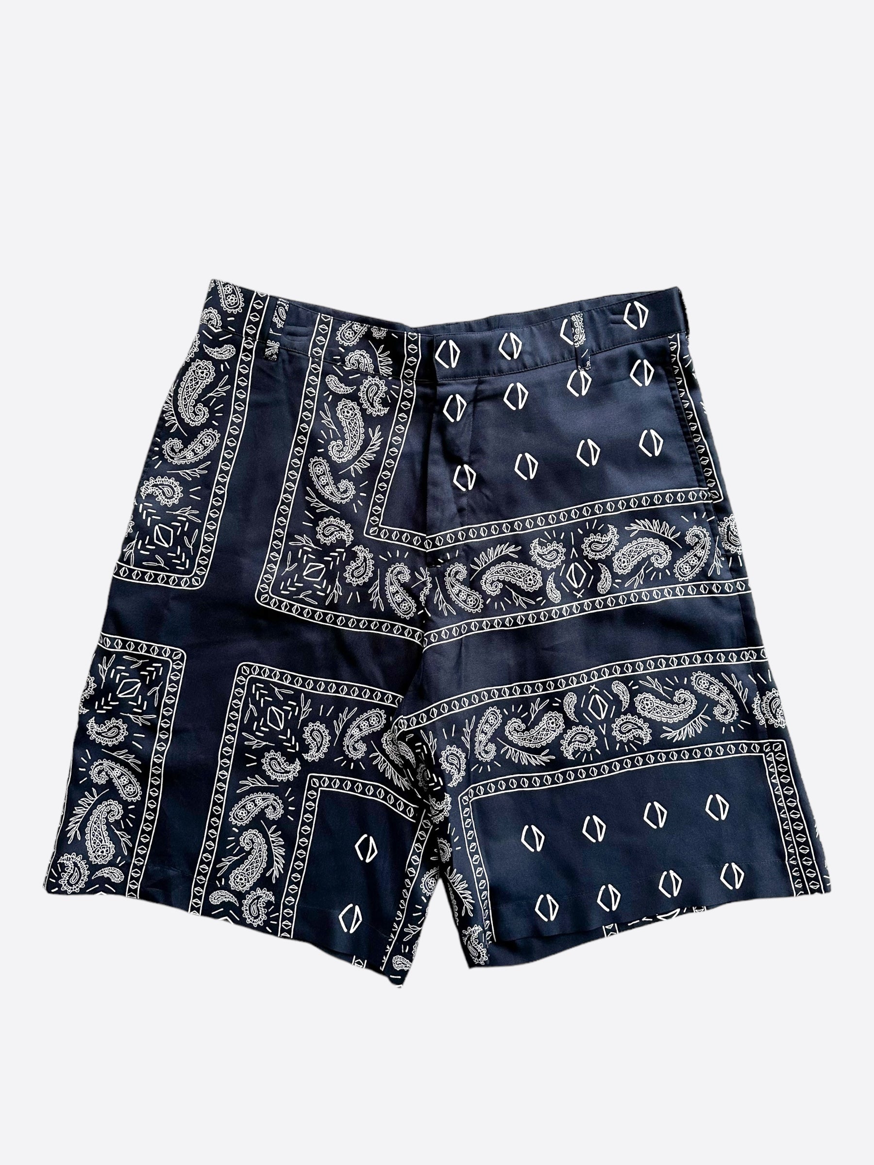Dior Cactus Jack Navy & White Diamond Bandana Print Silk Shorts for Men - Luxury Designer Swimwear & Beach Vacation Outfit