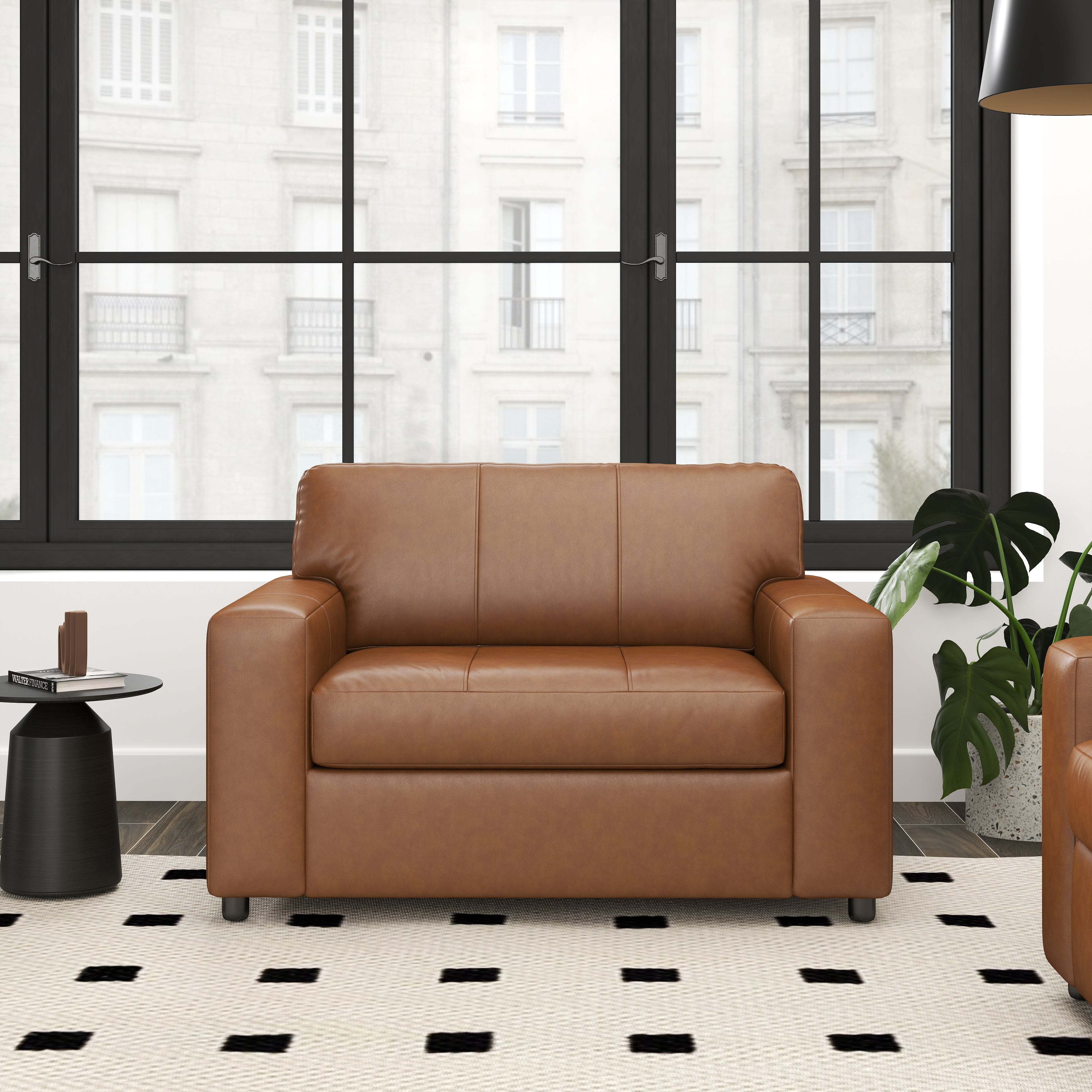 Roundhill Furniture Sakan Genuine Leather Upholstered Cutler Lounge Chair - Modern Living Room Accent Chair for Home Office & Reading Nook
