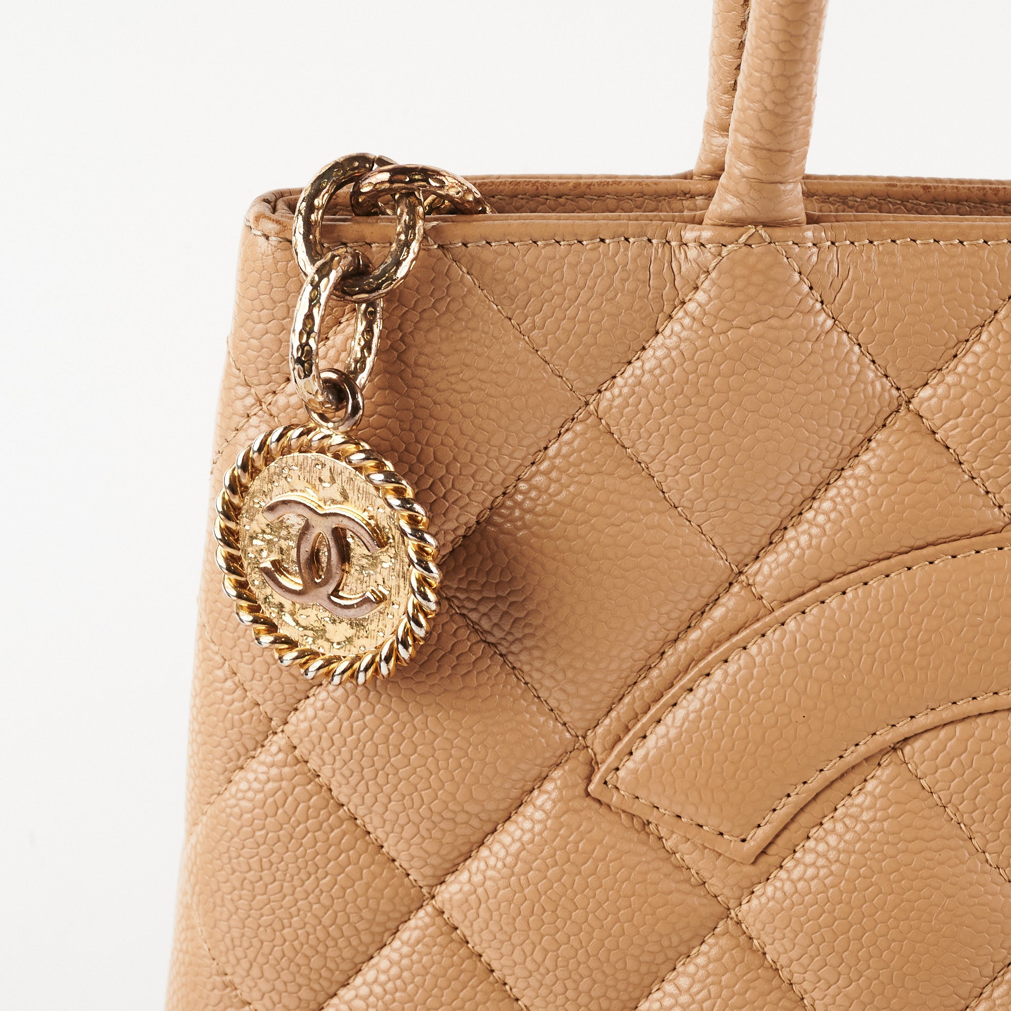 Chanel Classic Flap Bag Medallion Beige Caviar Leather Crossbody Purse for Women | Luxury Designer Handbag for Parties, Work & Everyday Use