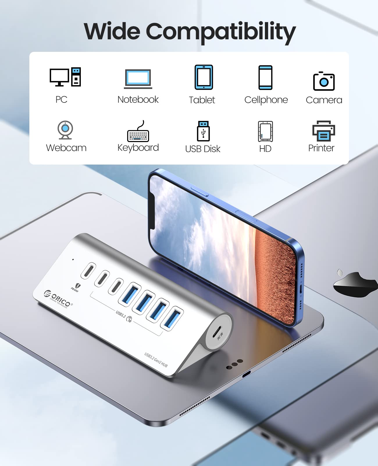 ORICO 7-Port USB 3.2 Gen 2 Hub with 60W PD Charging - 10Gbps High-Speed Data Transfer, 24V 3A Power Adapter, 1.64ft USB C to C Cable & USB-A Adapter - Aluminum USB Hub for Laptop, PC, MacBook Pro/Air, Gaming Setup & Home Office Workstation