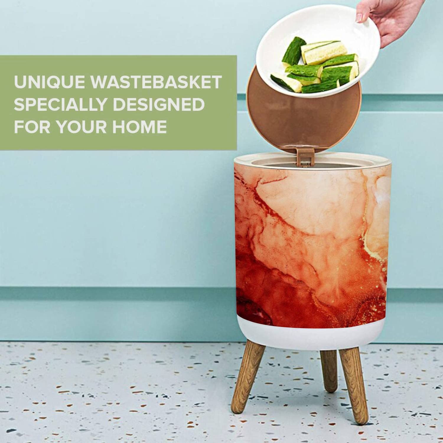 1.8 Gallon Small Trash Can with Lid - Red Ink Water Marble Texture, Volcanic Lava Design, Round Press Cover, Dog Proof Wastebasket for Kitchen, Bathroom, Living Room | Perfect for Home, Office, Dorm & Pet-Friendly Spaces