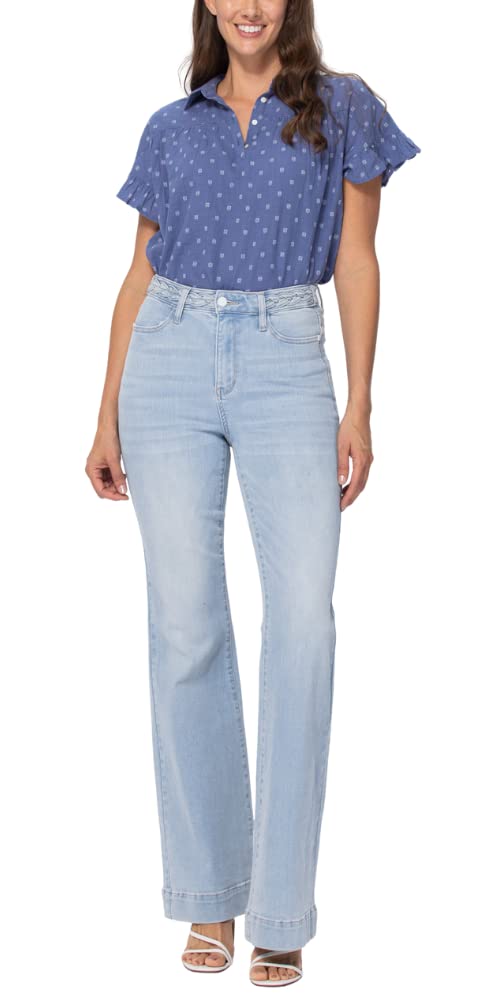 Judy Blue Plus & Regular Size Light Wash Denim Jeans with Braided Waistband - Comfortable Stretch Women's Jeans for Casual Wear & Everyday Outfits