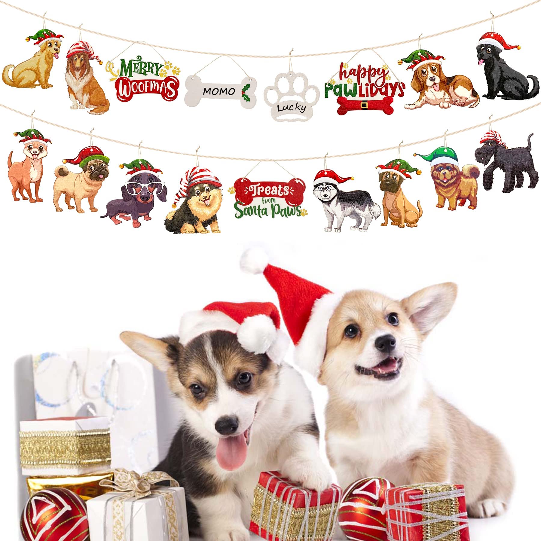 18Pcs Dog Christmas Tree Ornaments - Merry Woofmas Wooden DIY Puppy Paw & Holly Berry Bones Decor for Holiday Party | Pet Lover Gift, Xmas Home Decor, Dog-Themed Christmas Celebration