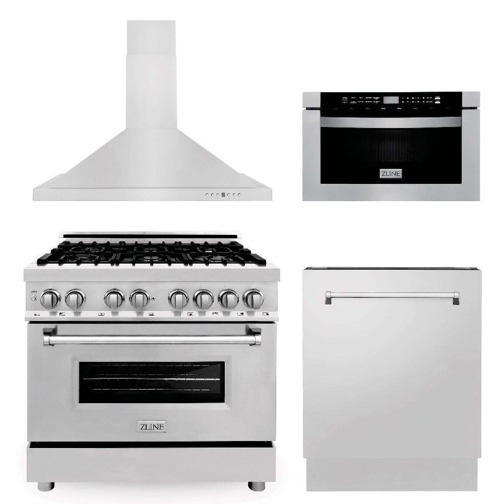 ZLINE 36 Inch Stainless Steel Kitchen Package - Dual Fuel Range, Range Hood, Microwave Drawer & Classic Dishwasher (4KP RARH36 MWDW) | Perfect for Modern Home Chefs & Gourmet Cooking