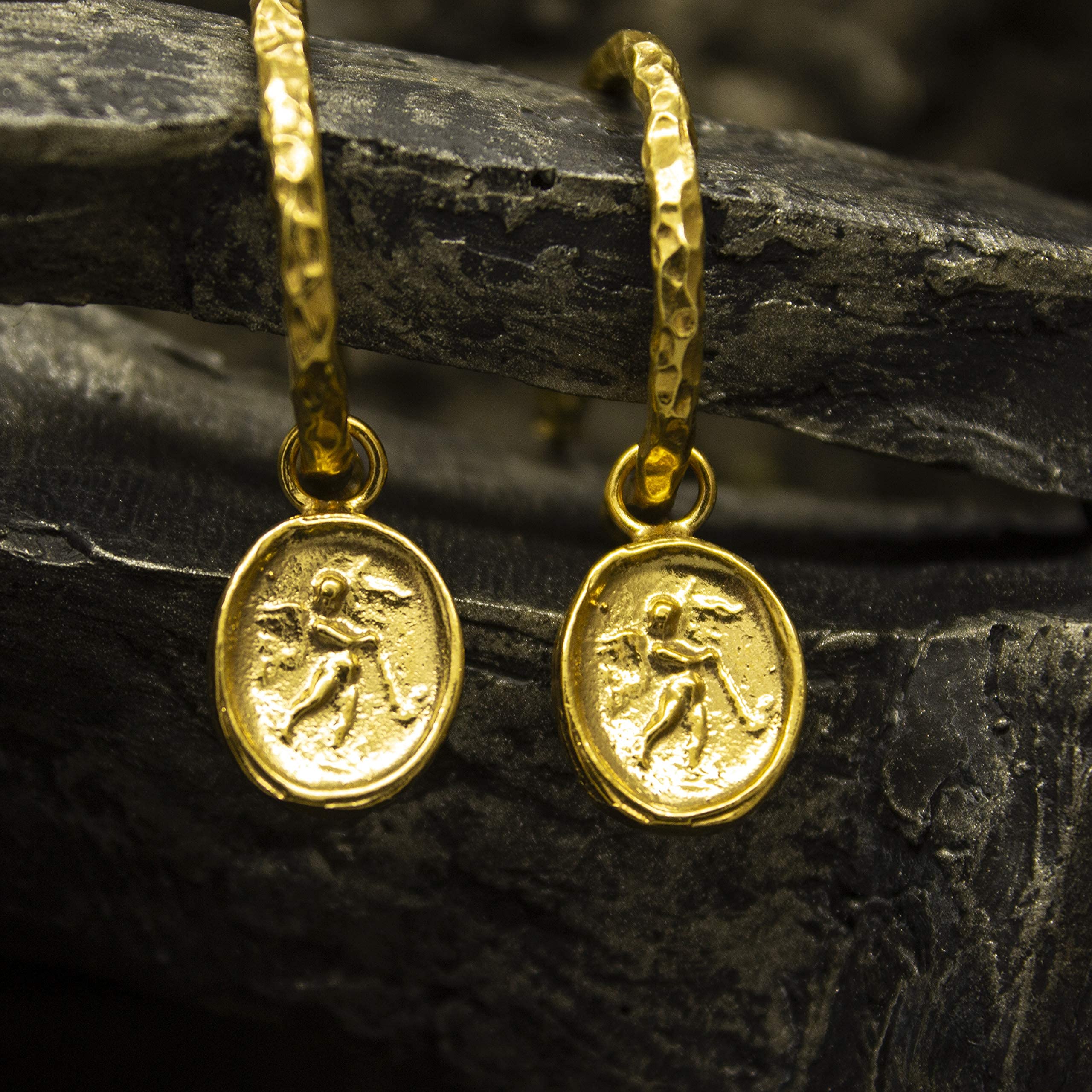 Guardian Angel Charm Hoop Earrings for Women - 24K Gold Plated 925 Sterling Silver Greek Signet Coin Jewelry - Roman Angel Wing Earrings by Pellada - Perfect Gift for Birthday, Christmas & Special Occasions
