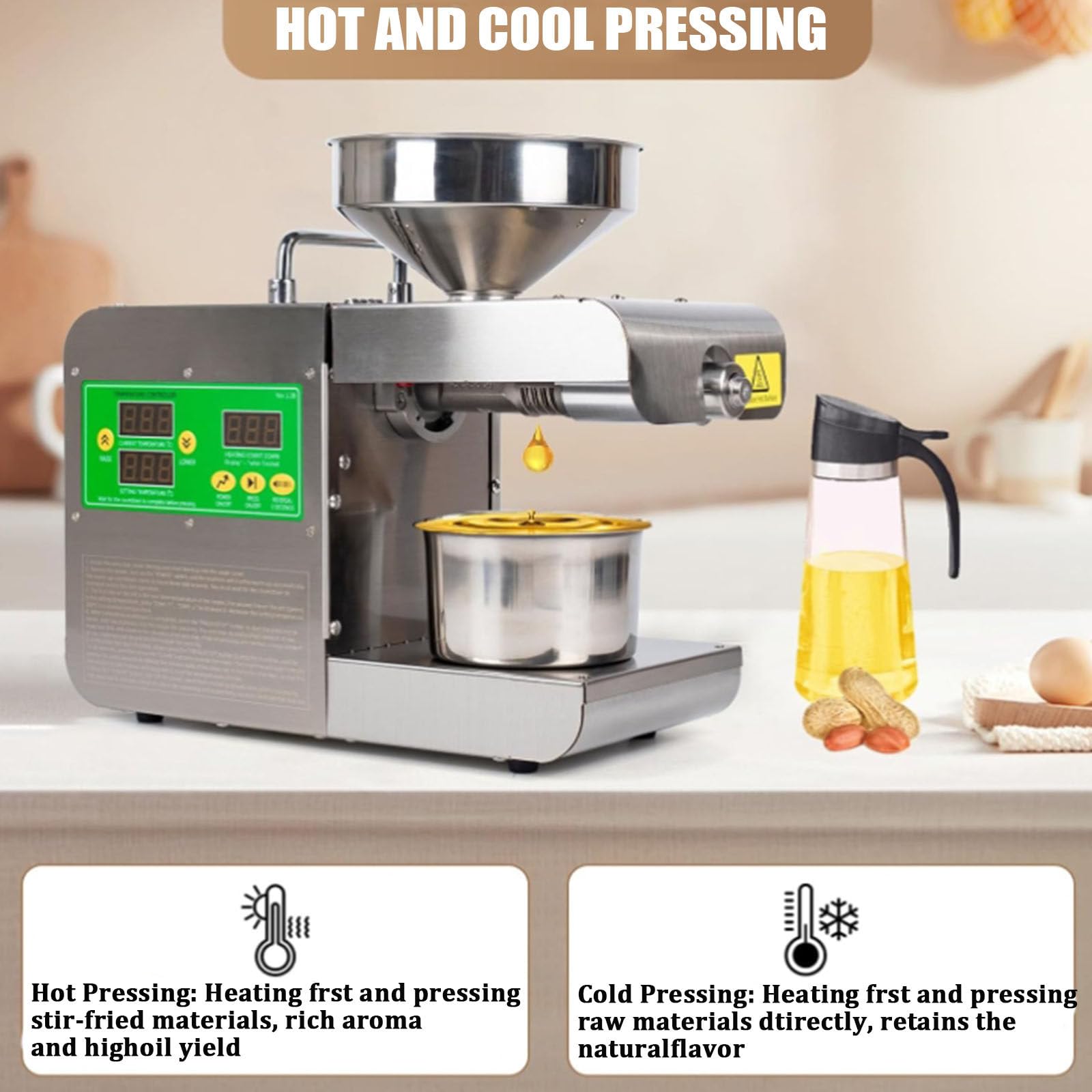 Premium Electric Walnut Oil Press Machine - 820W Stainless Steel Hot & Cold Oil Expeller with 200℃ Constant Temperature - Professional Seed Oil Mill for Home Use - Perfect for Cooking, Salad Dressings & DIY Skincare
