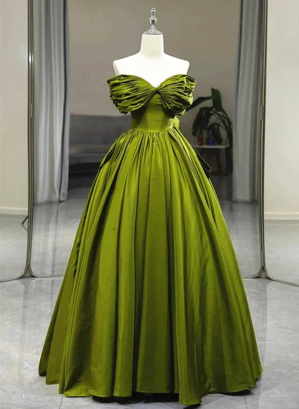 Elegant Green A-Line Off Shoulder Satin Long Party Dress J4425 - Perfect for Prom, Evening Gala, and Formal Events