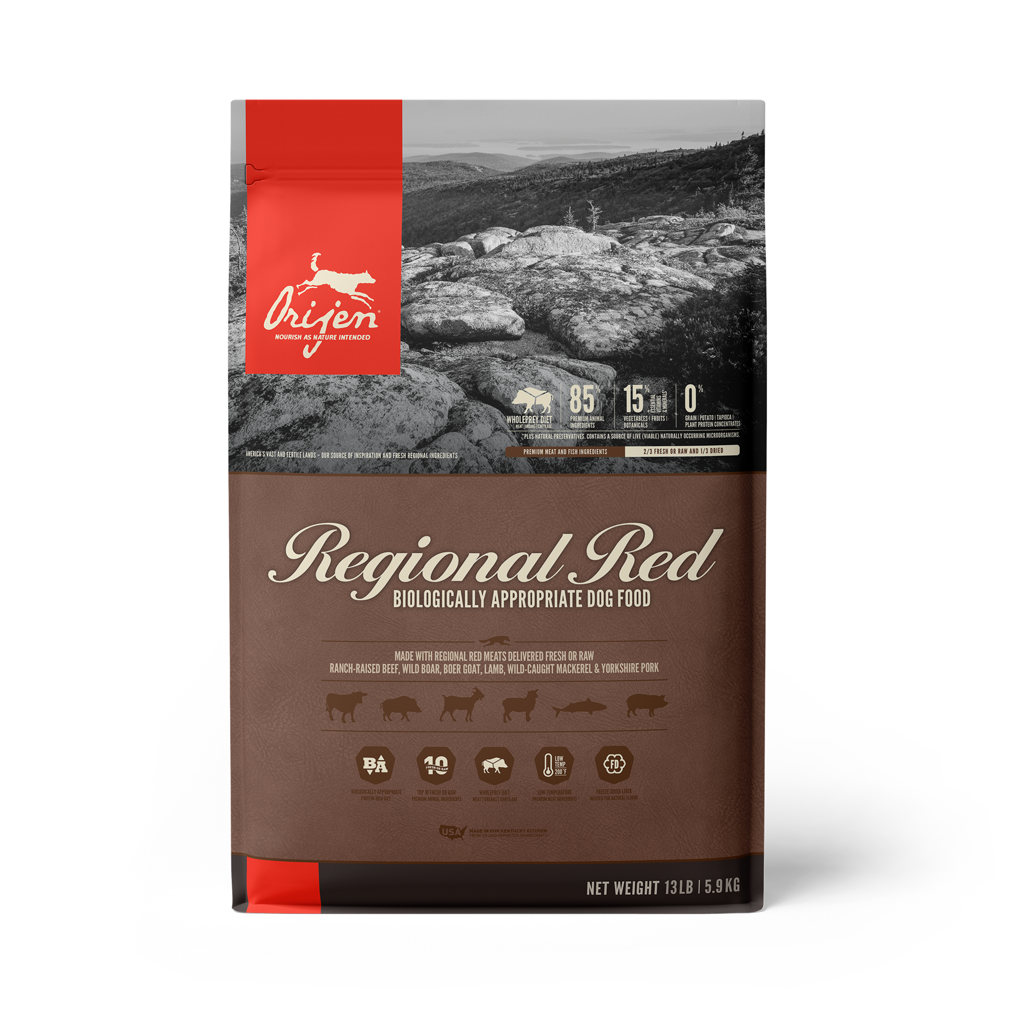 Orijen Grain Free Dry Dog Food - Regional Red Recipe, High Protein & Natural Ingredients for Adult Dogs - Perfect for Active Pets & Outdoor Adventures