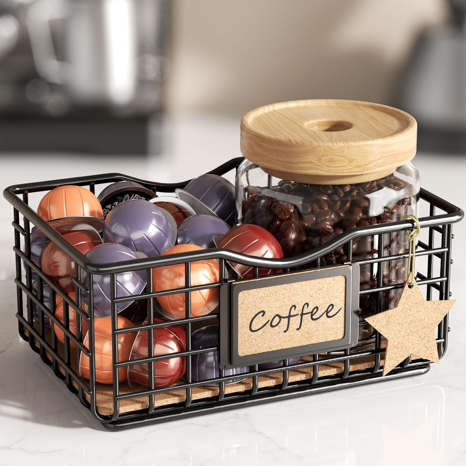 Premium Coffee Pod Holder for Keurig & Nespresso - Large Capacity Black Wire Storage Organizer with Cork Liner - Perfect for Coffee Bars, Kitchen Countertops & Office Break Rooms