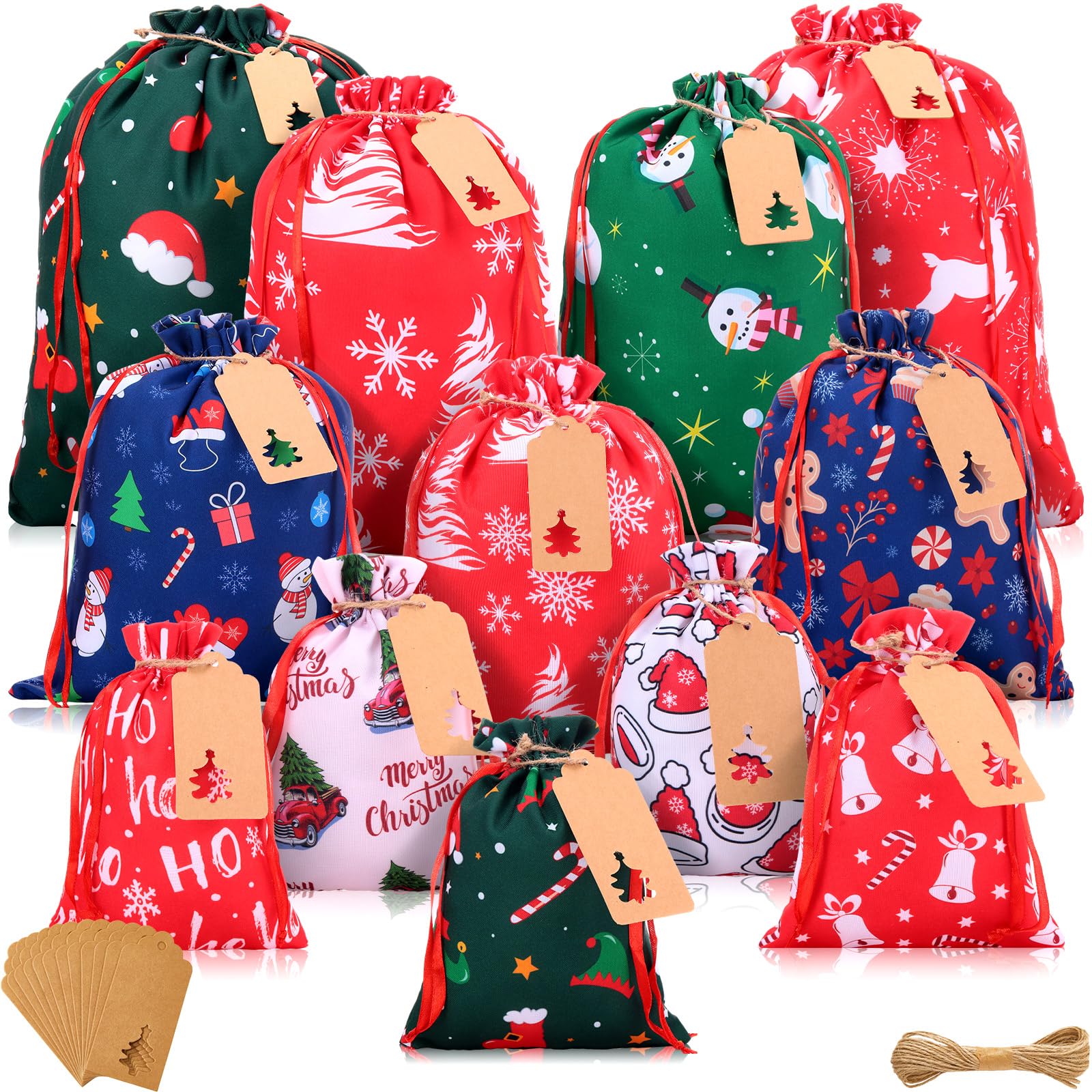 12 Pack Reusable Christmas Fabric Gift Bags with Drawstring - Red & White Holiday Gift Wrap Bags with 12 Kraft Tags for Xmas, Birthday, Wedding Party Favors (Santa, Snowman) - Perfect for Holiday Gifting, Stocking Stuffers & Festive Celebrations