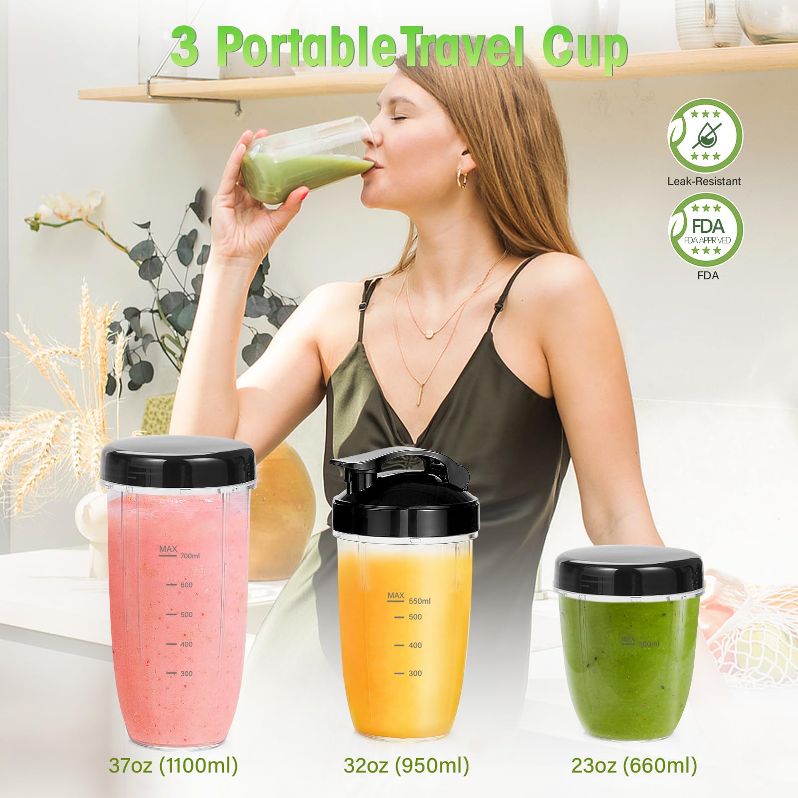 Nahida 1200W High-Speed Blender for Smoothies & Ice Crushing - 6-Fin Blade Professional Blender with 23oz/32oz/37oz Portable Cups - Perfect for Kitchen, Juicing, Protein Shakes & Healthy Drinks