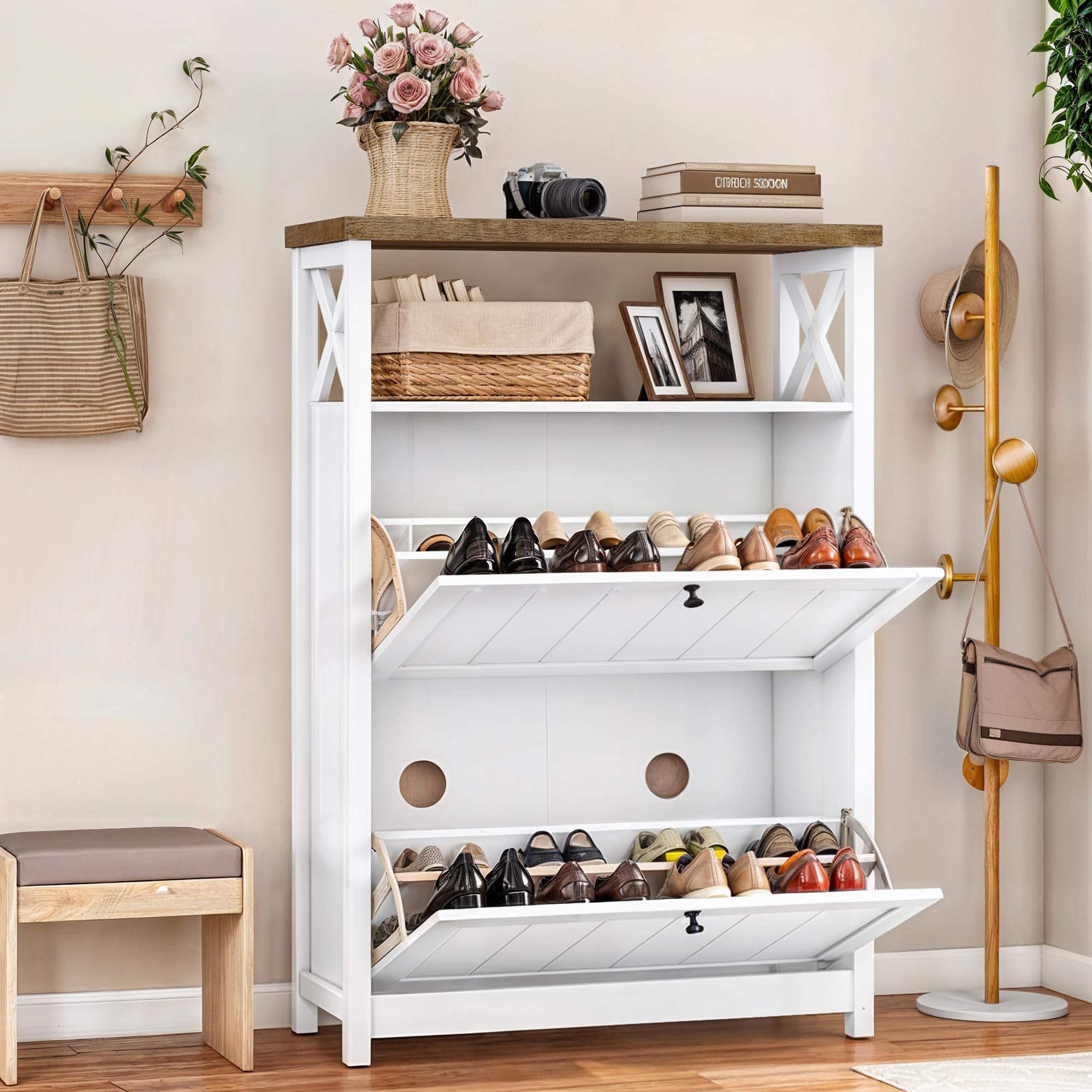 DWVO White Shoe Storage Cabinet with 2 Flip Drawers - Space Saving Entryway Organizer for Shoes, Boots & Accessories | Perfect for Hallway, Closet & Mudroom Organization
