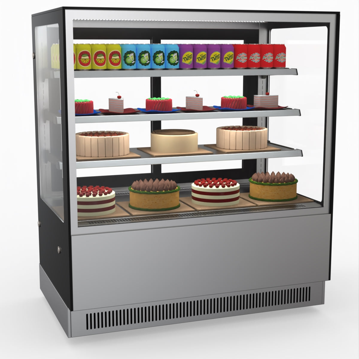 Bonvue Modern 3-Tier Cake Stand with 1200RF3 Refrigerated Display - Perfect for Bakeries, Dessert Shops & Wedding Cake Displays