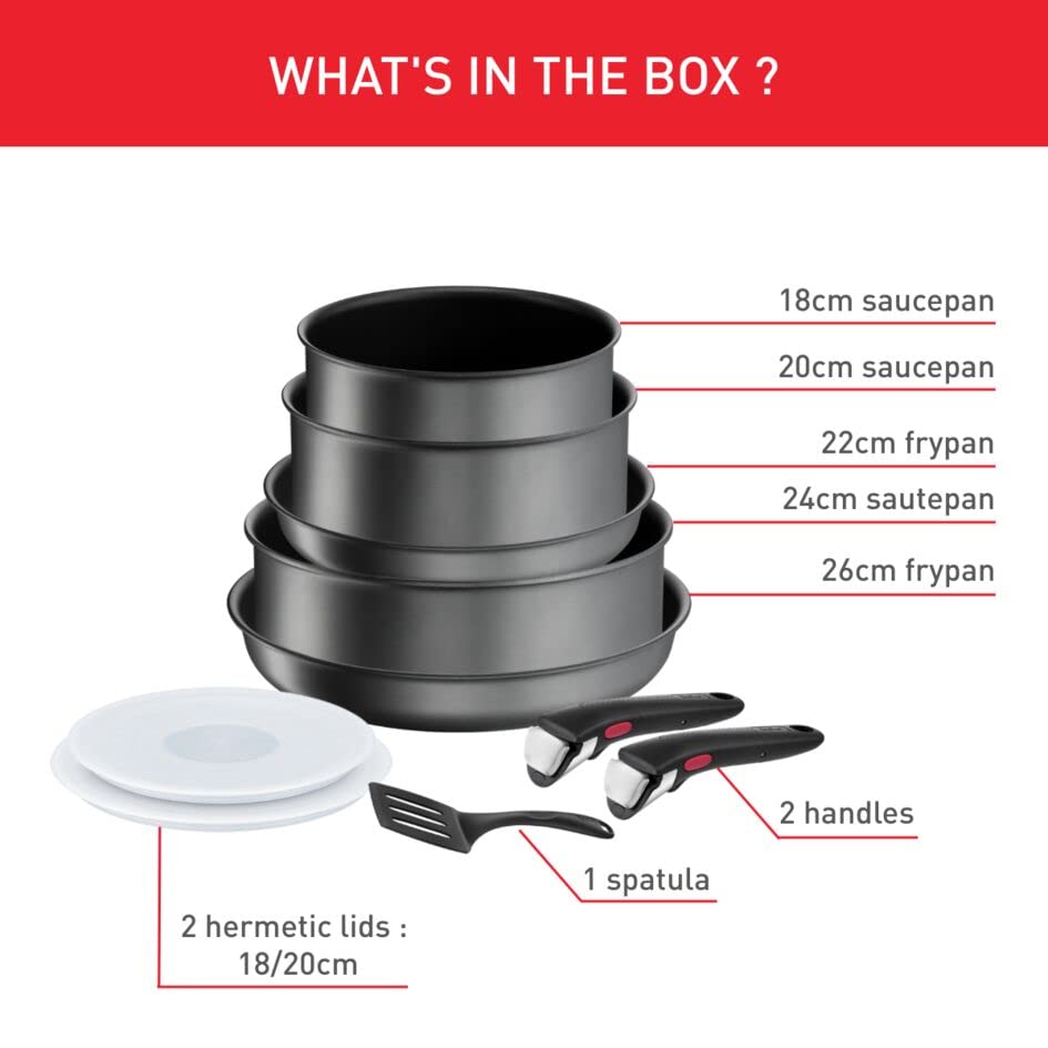Tefal Ingenio Daily Chef 10-Piece Non-Stick Induction Cookware Set - 22cm & 26cm Frying Pans, 18cm & 20cm Saucepans, 24cm Sauté Pan with Hermetic Lids, Spatula & Removable Bakelite Handles - Perfect for Home Cooking, Meal Prep & Induction Stoves