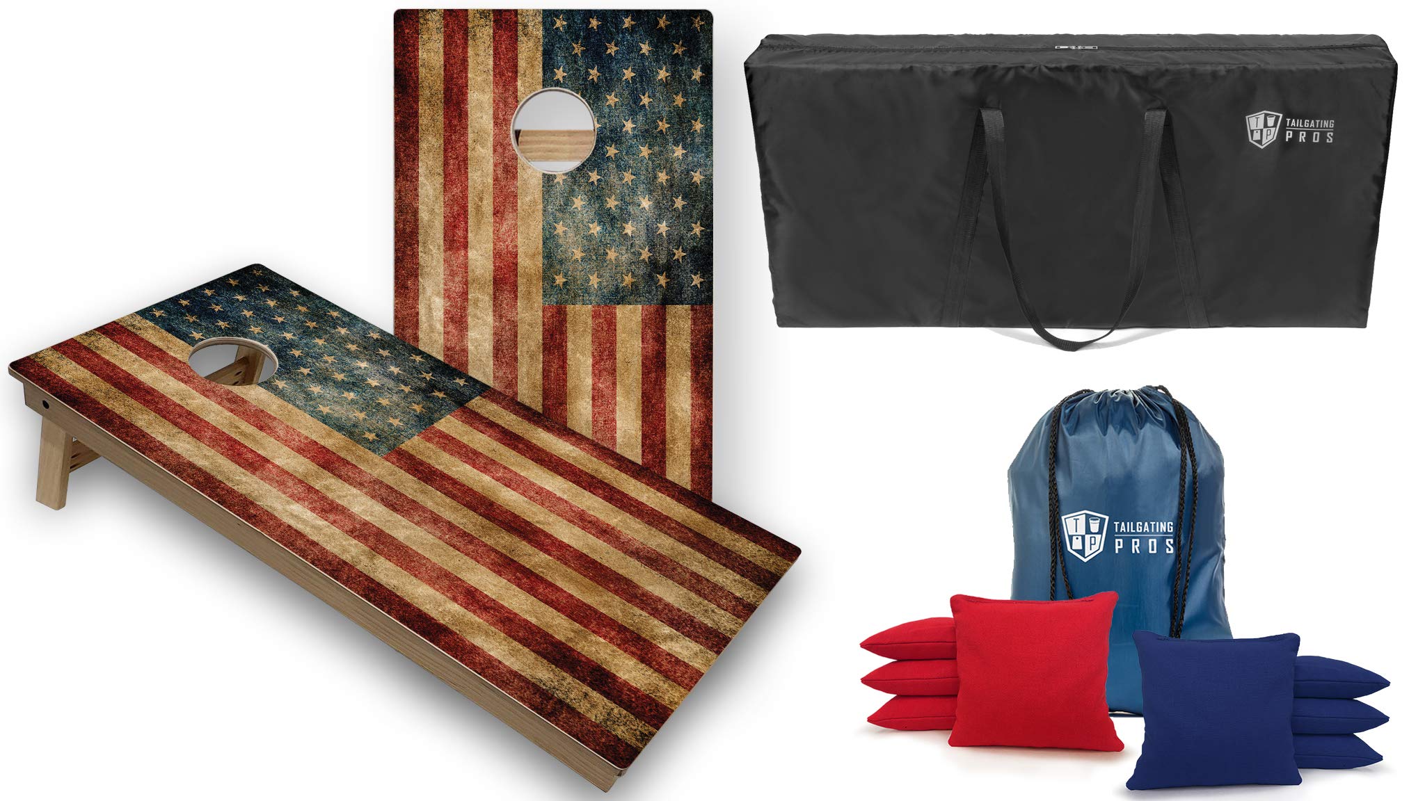 Tournament Grade Cornhole Game Set - 2 Professional 4'x2' Distressed Flag Cornhole Boards, 8 Bags & Carrying Case | LED Lights Option | Perfect for Tailgating, Backyard Parties & Outdoor Events
