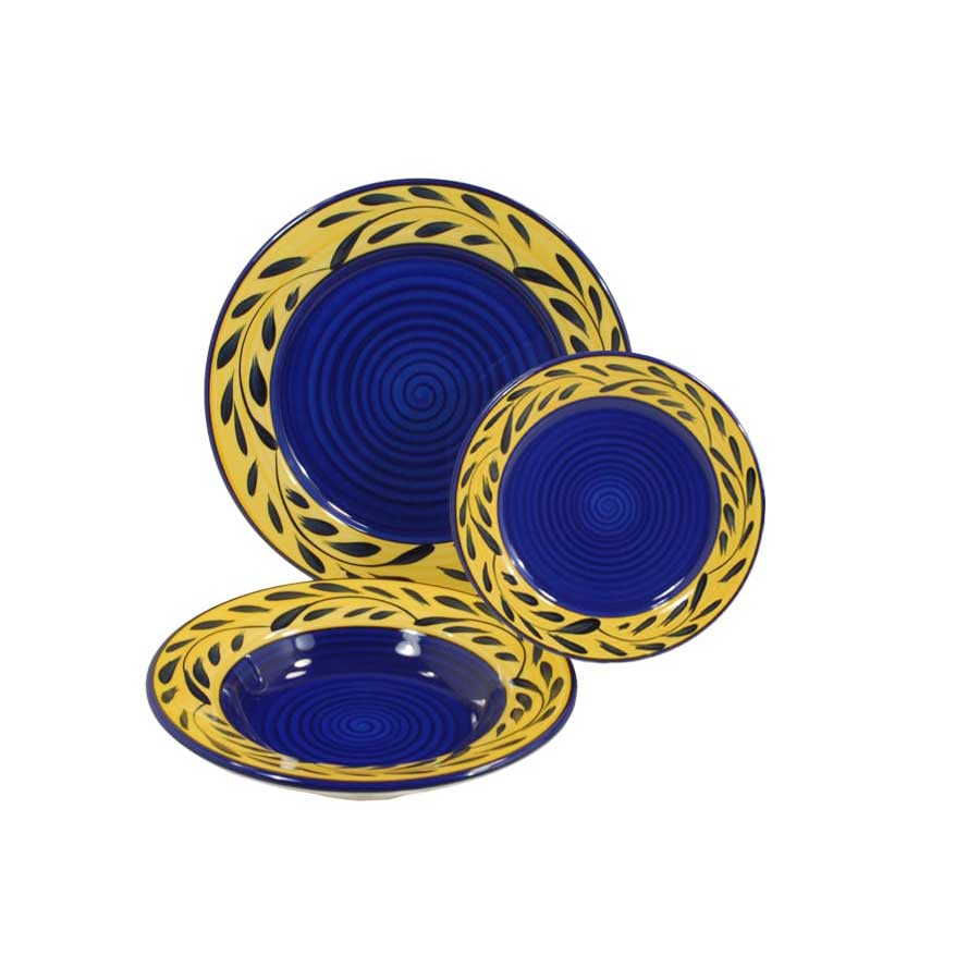 French Country Style 3-Piece Dinnerware Set in Blue & Yellow - Elegant Tableware for Casual Dining, Entertaining Guests & Home Decor