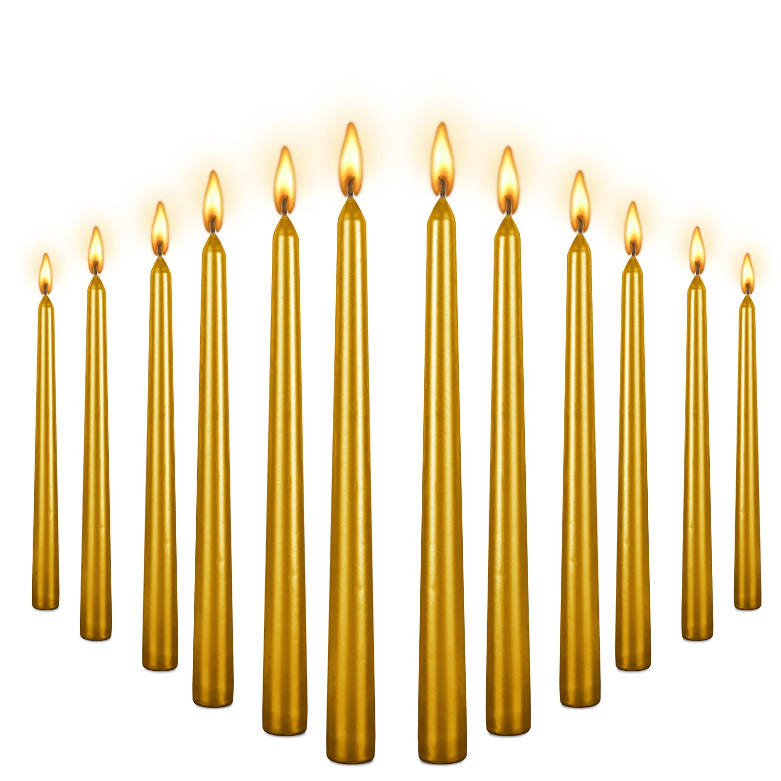 12 Pack 10 Inch Spiral Taper Candles - Long Lasting 8 Hours, Unscented & Smokeless - Elegant Glossy Gold for Home Decor, Dinner Parties, Weddings, Halloween & Christmas Celebrations