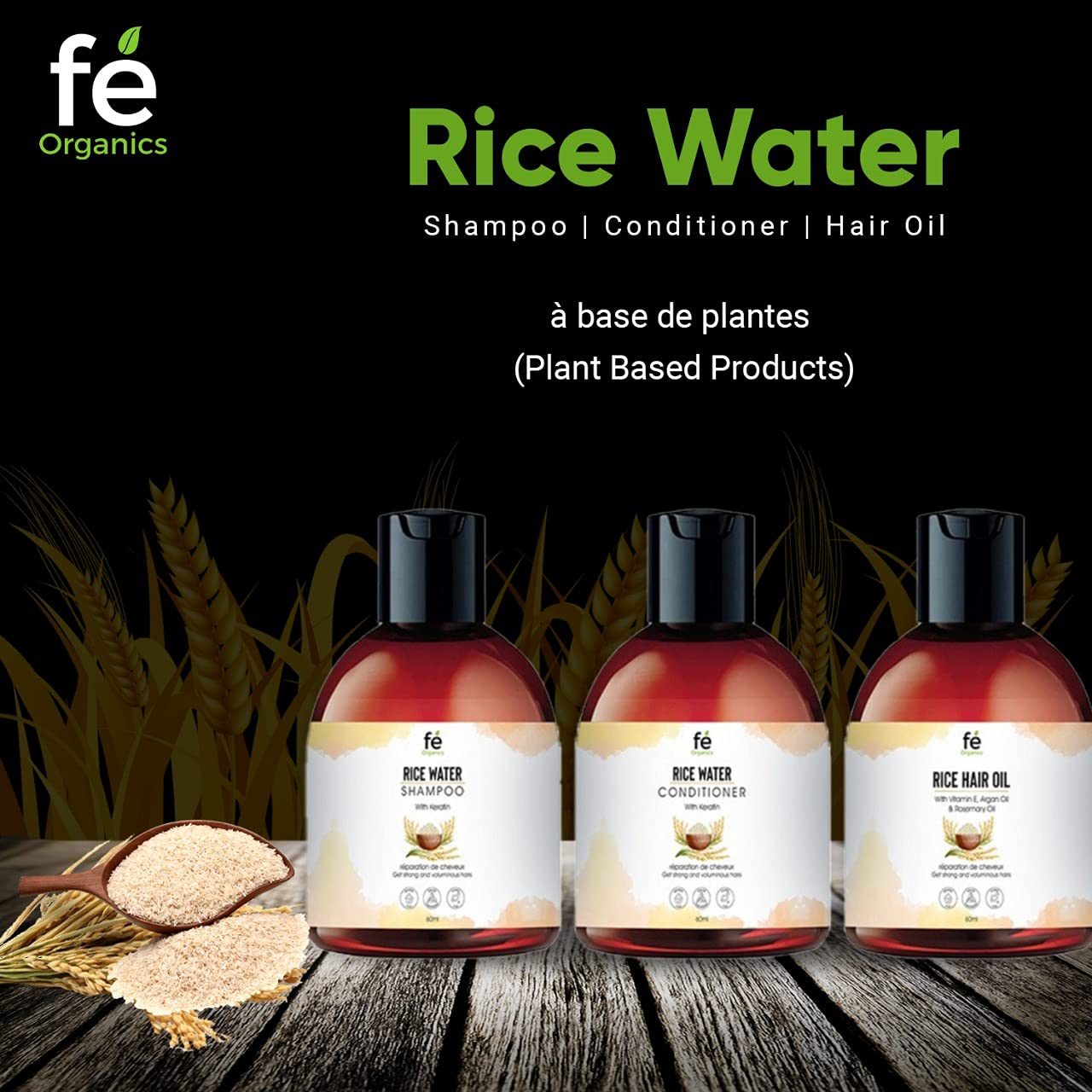Fe Organics Rice Hair Care Combo - Shampoo, Conditioner & Hair Oil Travel Set (60ml Each) | Sulfate-Free & Natural Ingredients for Dry, Damaged Hair | Perfect for Vacation, Gym & On-the-Go Haircare