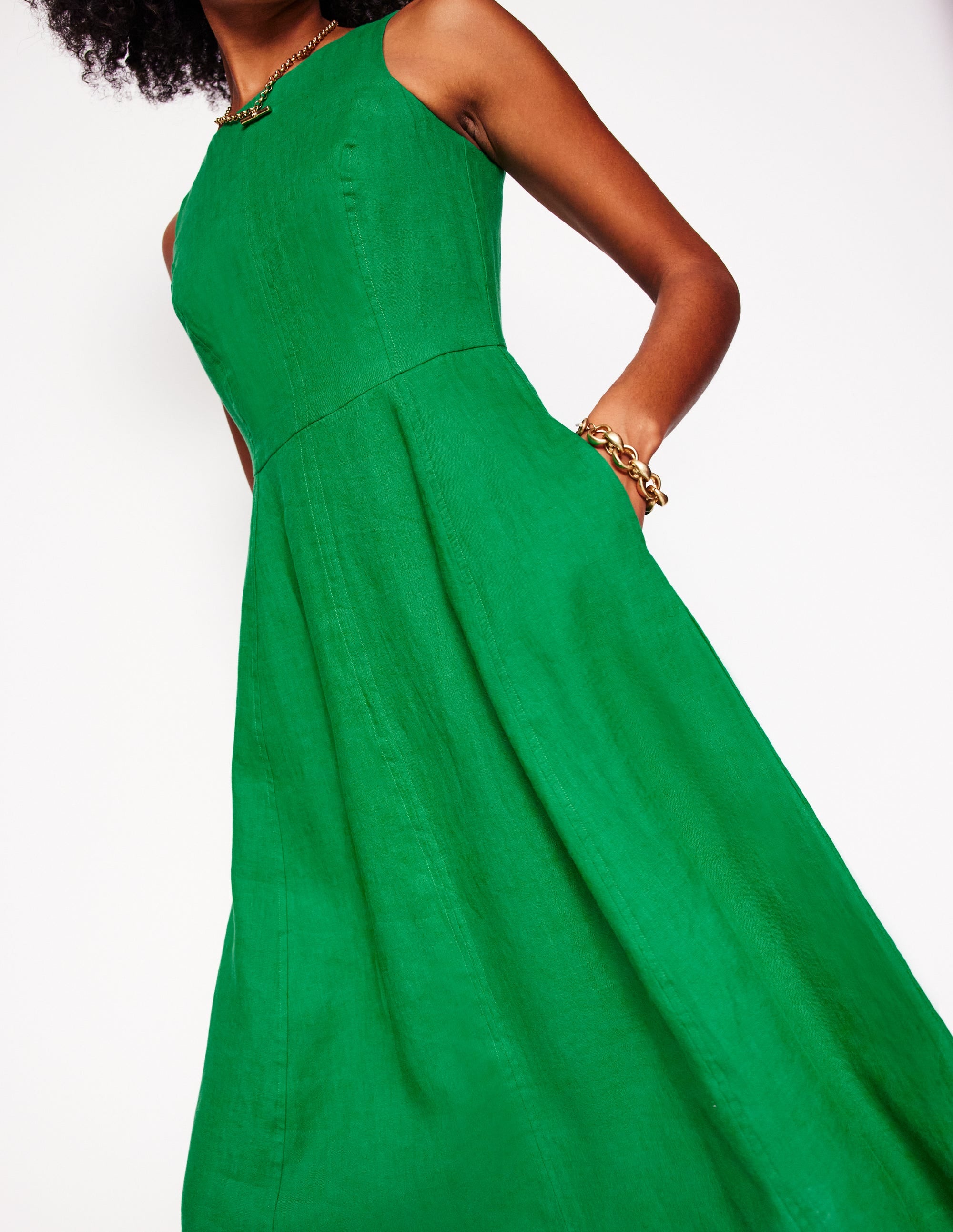 Elegant Carla Linen Midi Dress in Rich Emerald Green - Perfect for Summer Weddings & Beach Vacations