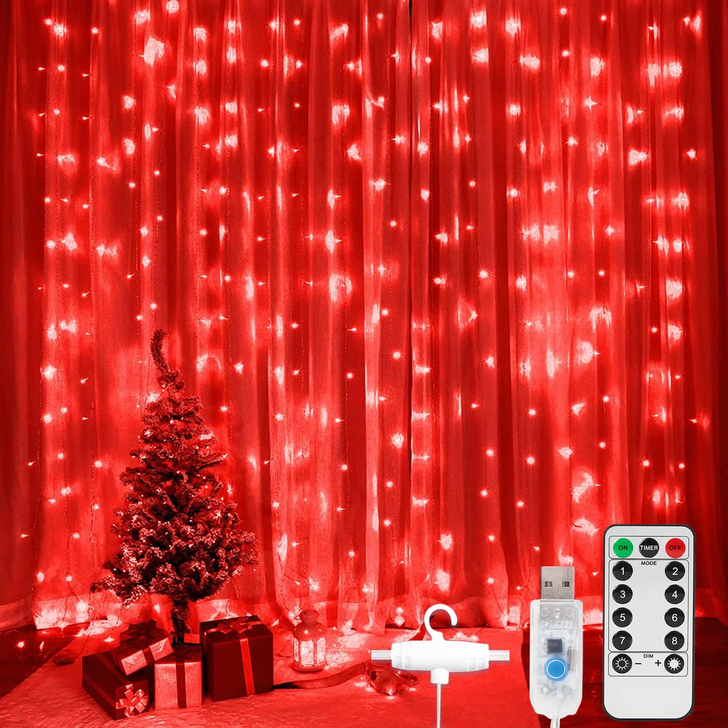 SUNNEST 300 LED Christmas Curtain Lights - 9.8FT x 9.8FT USB String Lights with Remote Control, 8 Lighting Modes for Wall & Bedroom Decoration - Waterproof Twinkle Fairy Lights (Red) | Perfect for Holiday Parties, Wedding Decor & Outdoor Events