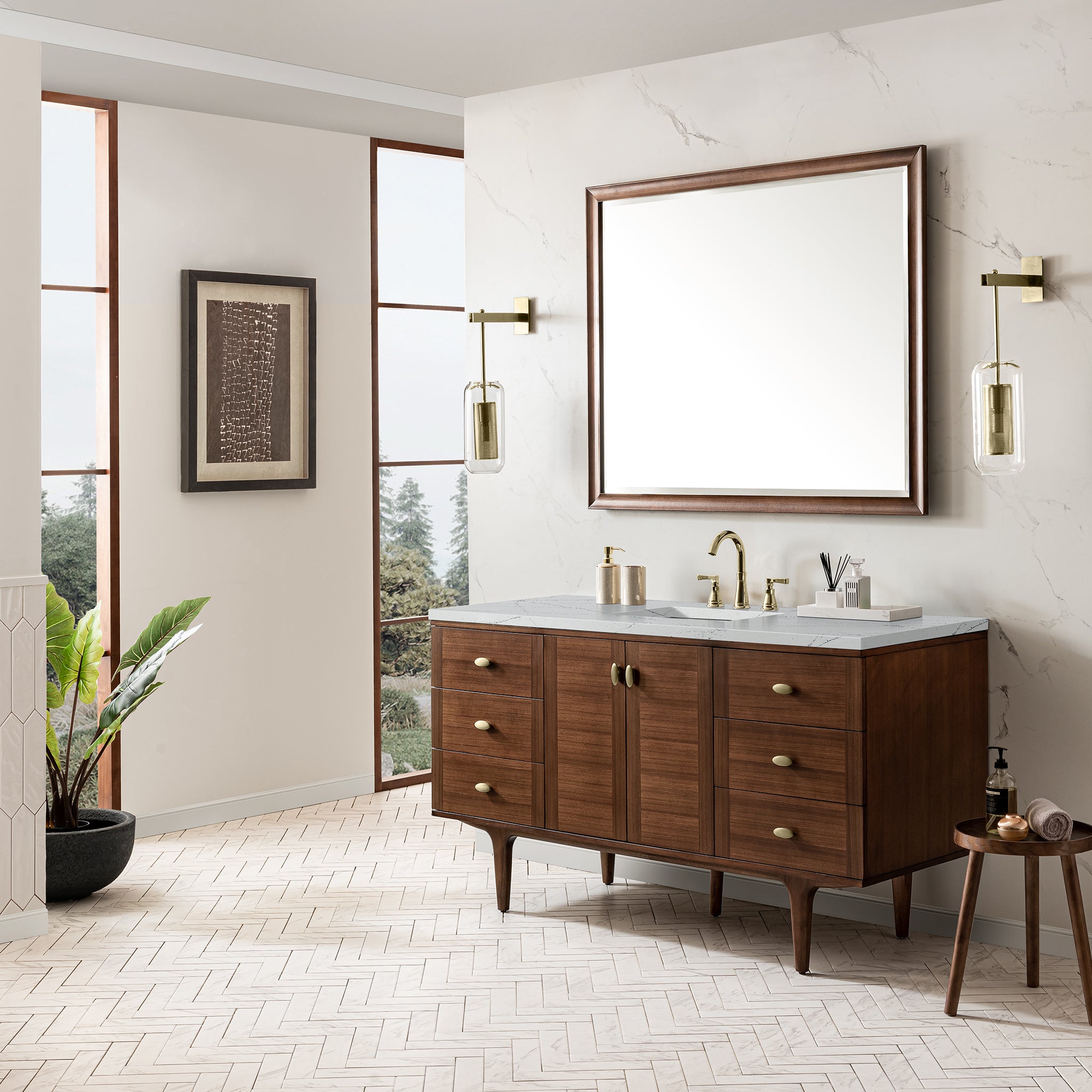 Amberly 60 Inch Single Bathroom Vanity with Mid Century Walnut Finish & 3CM Ethereal Noctis Stone Top - Perfect for Modern Farmhouse or Contemporary Bathroom Design