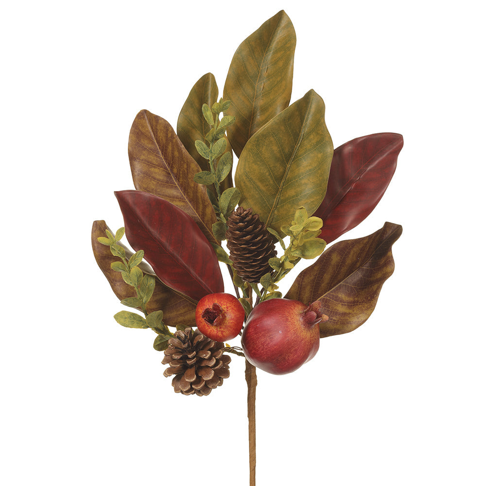 16 Pack Artificial Pomegranate Pinecone & Magnolia Leaf Stems - Realistic Brown/Green Faux Botanicals for Fall Wreaths, Centerpieces & Home Decor
