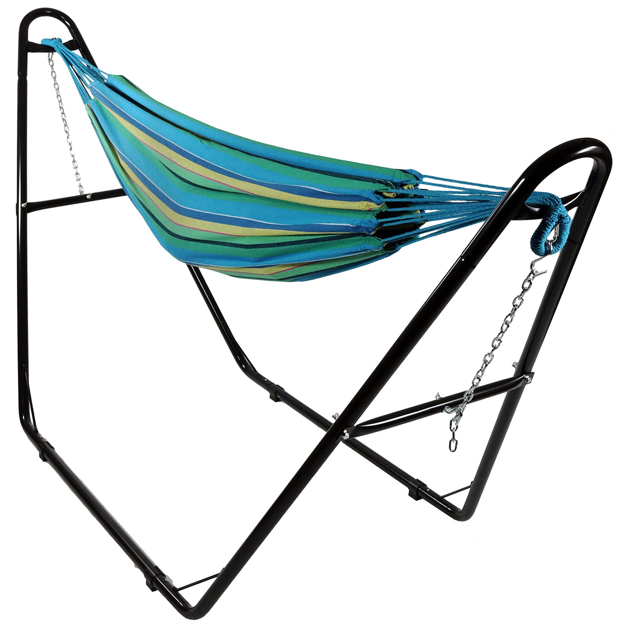 Premium Double Brazilian Cotton Hammock with Universal Stand - 450 lb Weight Capacity - Black Steel Frame & Natural Sea Grass Weave - Perfect for Backyard, Patio, Beach & Camping Relaxation