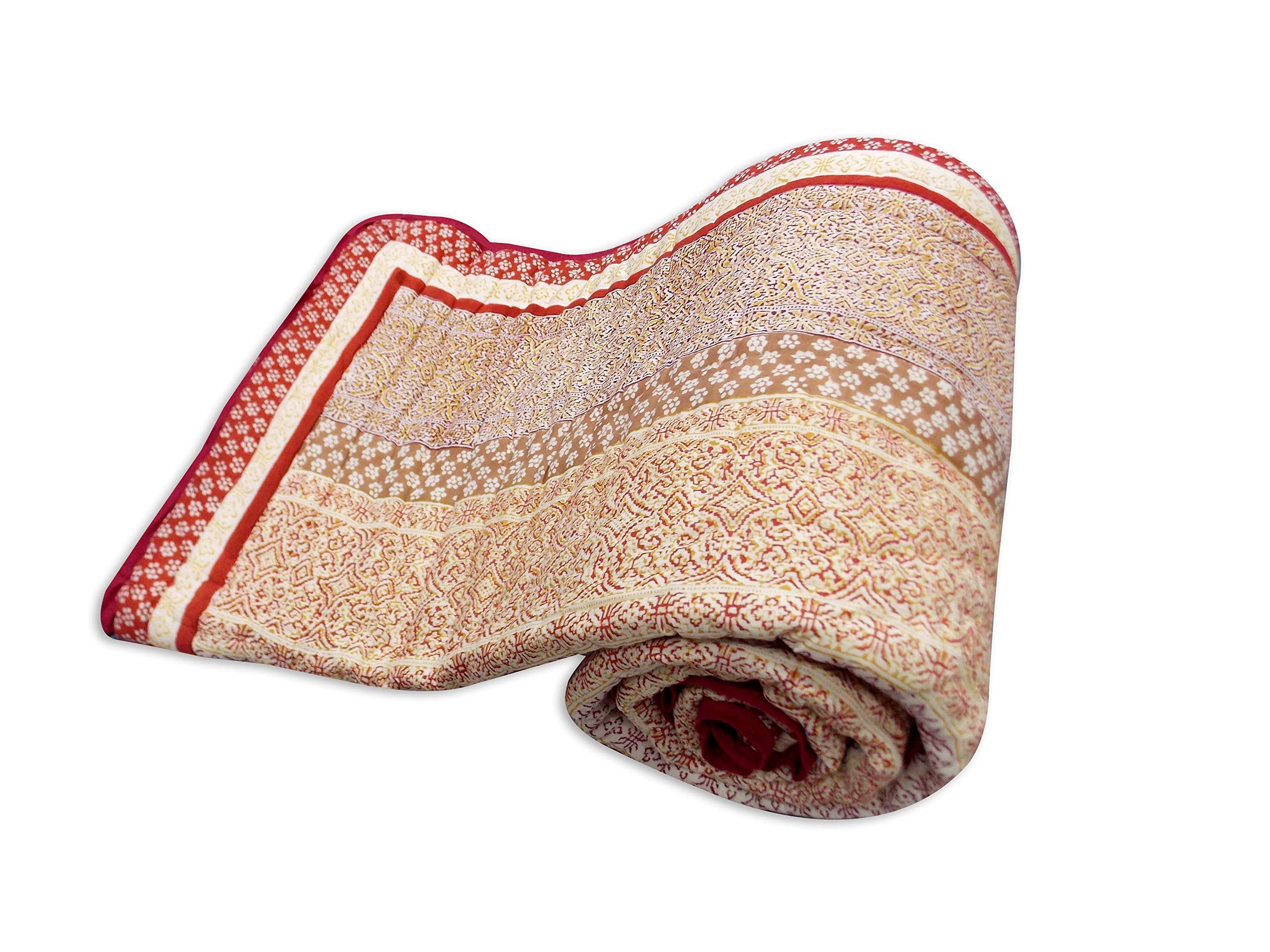 Handmade Indian Cotton Kantha Quilt - Reversible Jaipuri Rajai Blanket, Twin Size, Hand Block Printed, Traditional Design | Perfect for Bedspread, Sofa Cover, or Decorative Throw