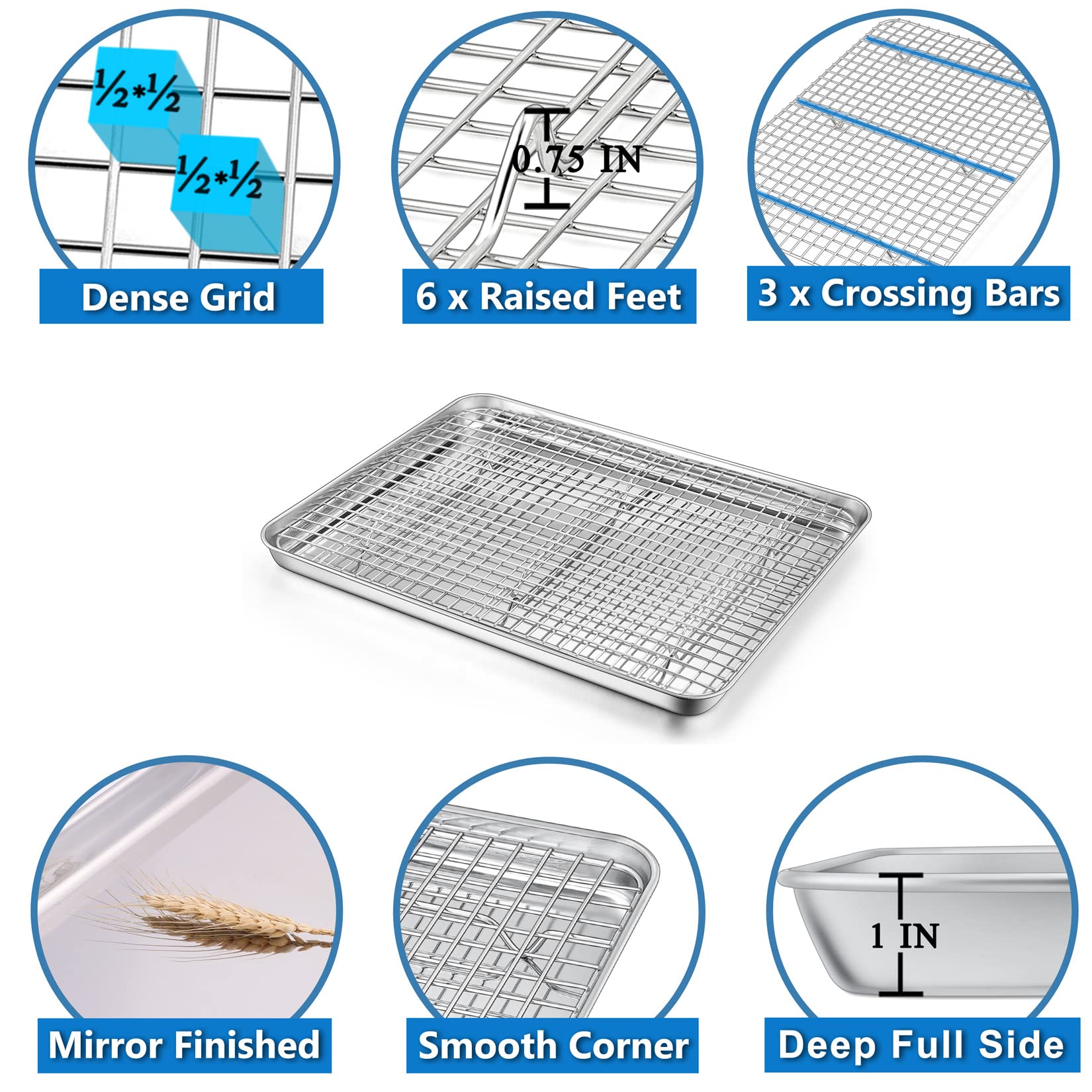 P&P CHEF 3-Piece Stainless Steel Toaster Oven Pan Set with Grid Rack & Silicone Mat - 16x12x1 Inch Baking Tray, Roasting Rack - Dishwasher Safe - Perfect for Baking, Roasting & Meal Prep in Toaster Ovens