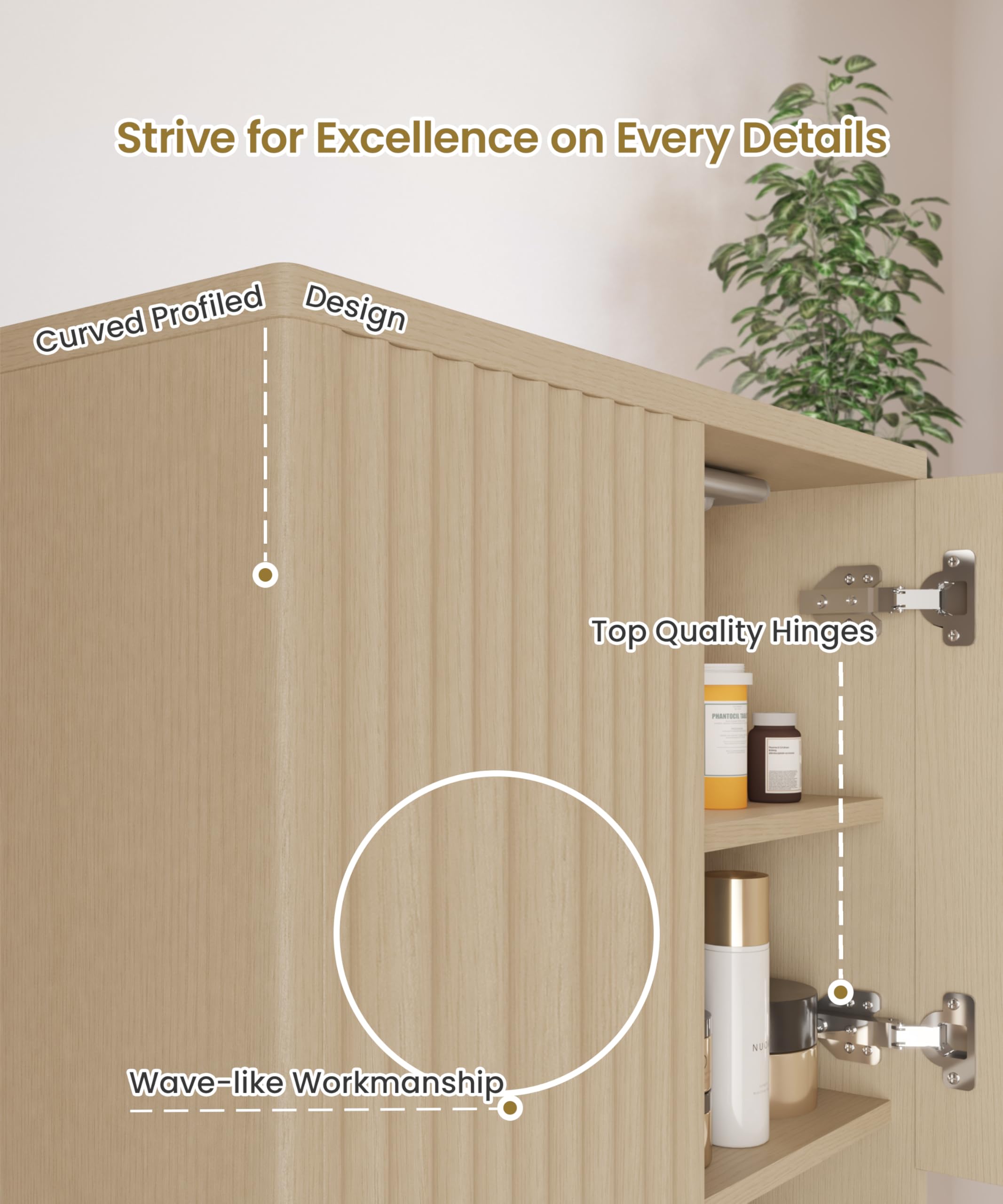 HAIOOU Fluted Wave Design Wooden Medicine Cabinet with Motion Sensor Light - Wall Mounted Bathroom Storage with Buffering Hinges, Over Toilet Organizer for Modern Home Decor (Natural Finish)