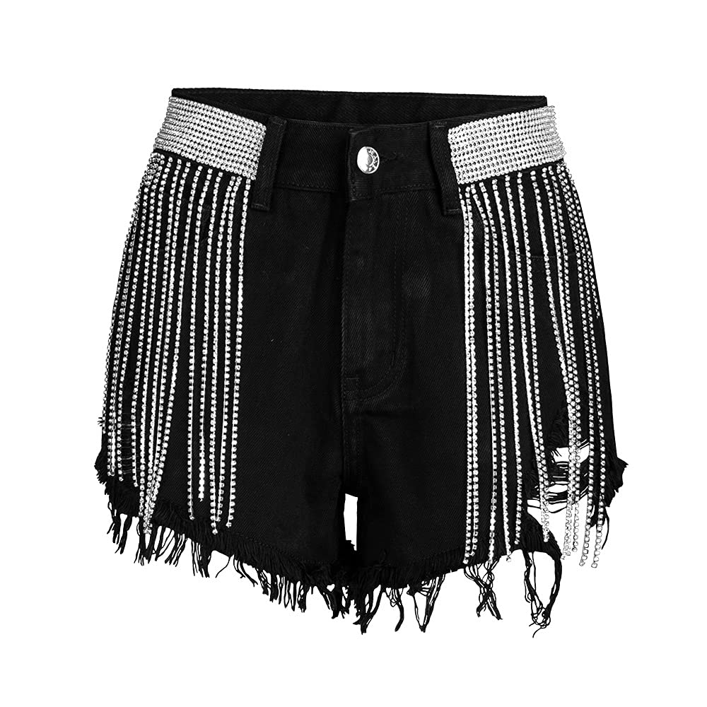 COMLIFE Women's Sexy Rhinestone Fringe Denim Shorts - High Waist Wide Leg Jean Shorts with Tassels for Summer | Perfect for Beach, Music Festivals & Night Out
