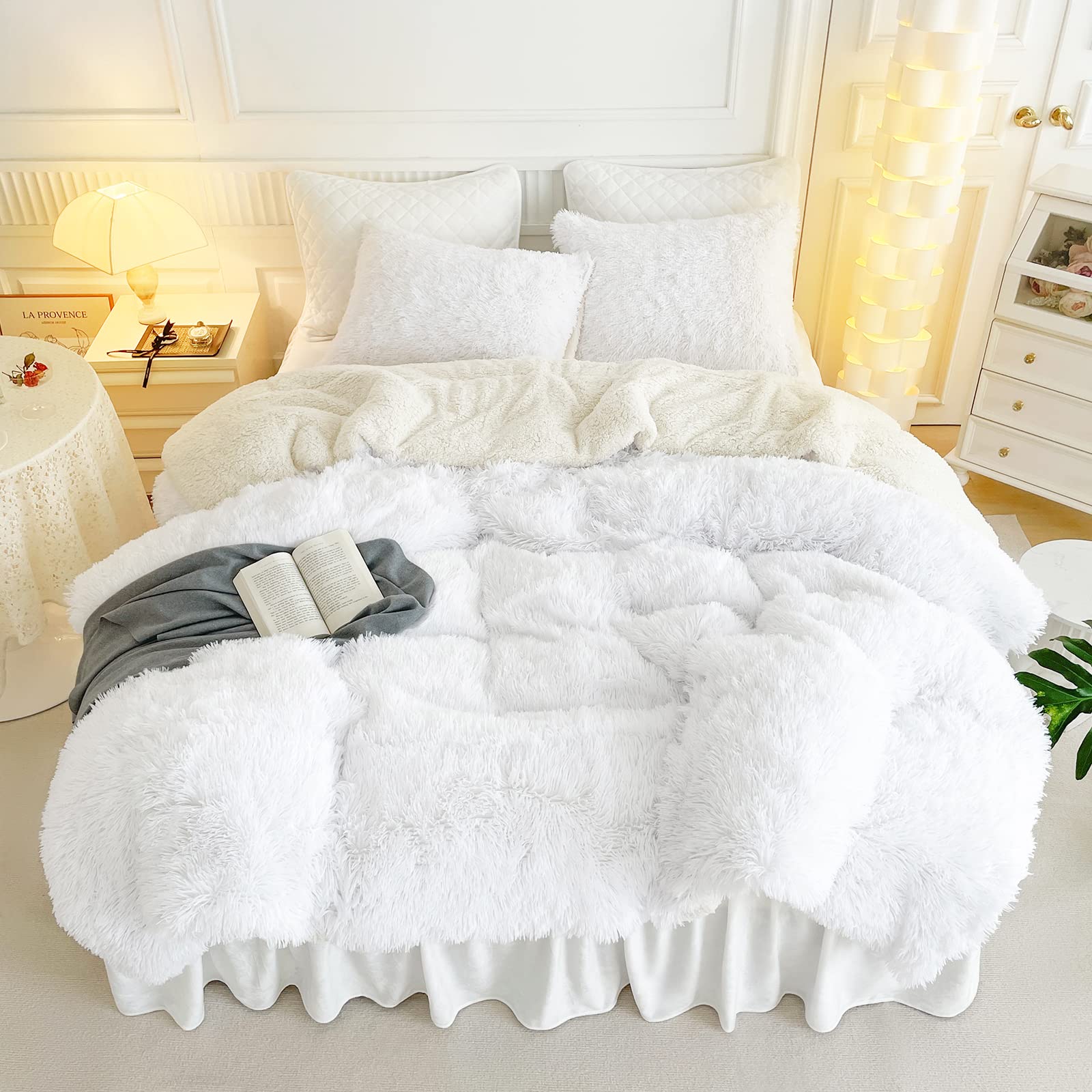 UOZZI BEDDING Faux Fur Comforter Set Queen 3-Piece - Ultra Soft Shaggy Comforter with 2 Pillowcases - Luxury Plush Winter Duvet Cover - Easy Care & Machine Washable - Perfect for Cold Weather & Cozy Bedroom Decor (Pure White, Twin Size)