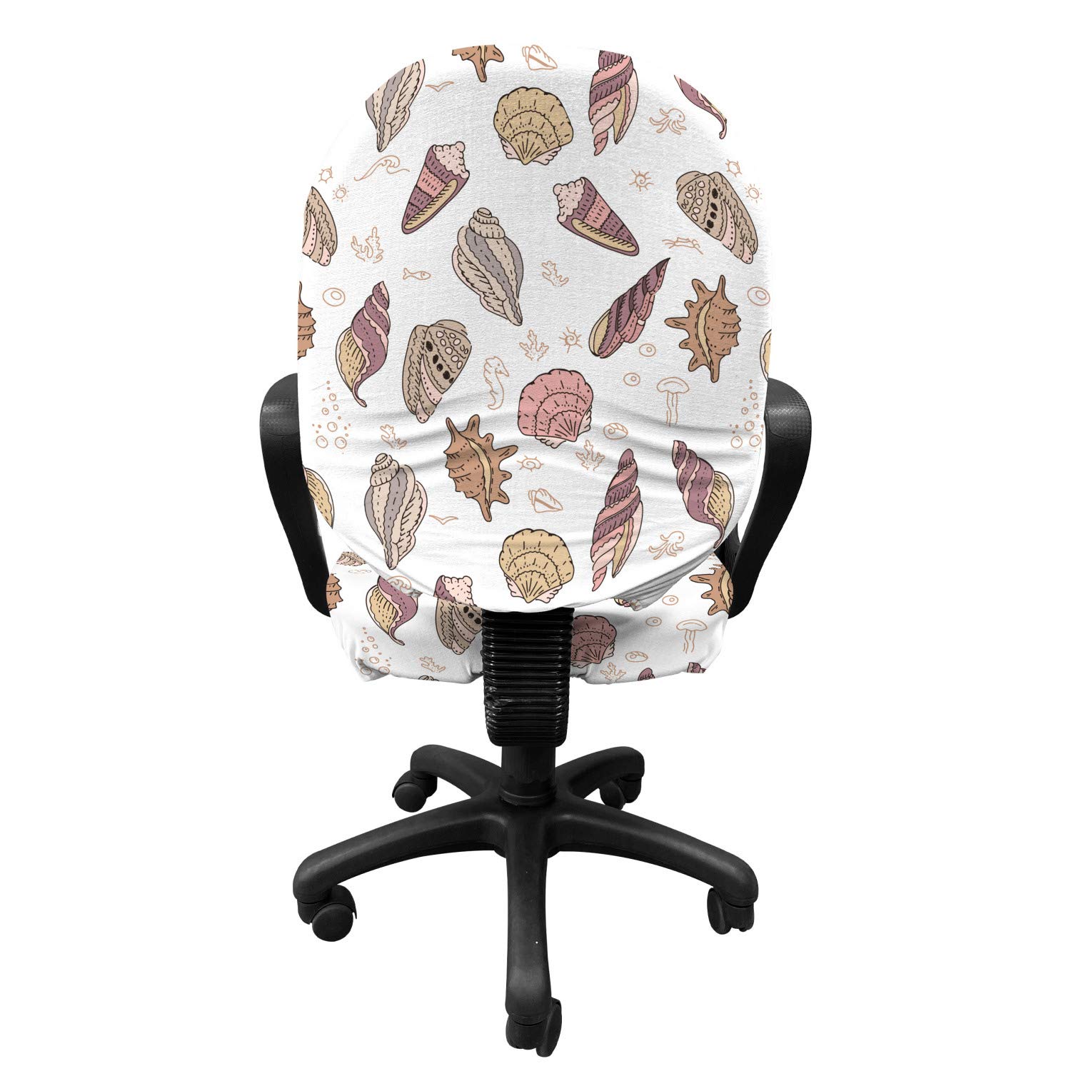 Ambesonne Nautical Office Chair Slipcover - Sun Symbols, Mollusk & Sea Shells Print Stretch Fabric Cover in White Beige Dried Rose | Waterproof Protective Decorative Chair Cover for Home Office, Living Room & Dining Room