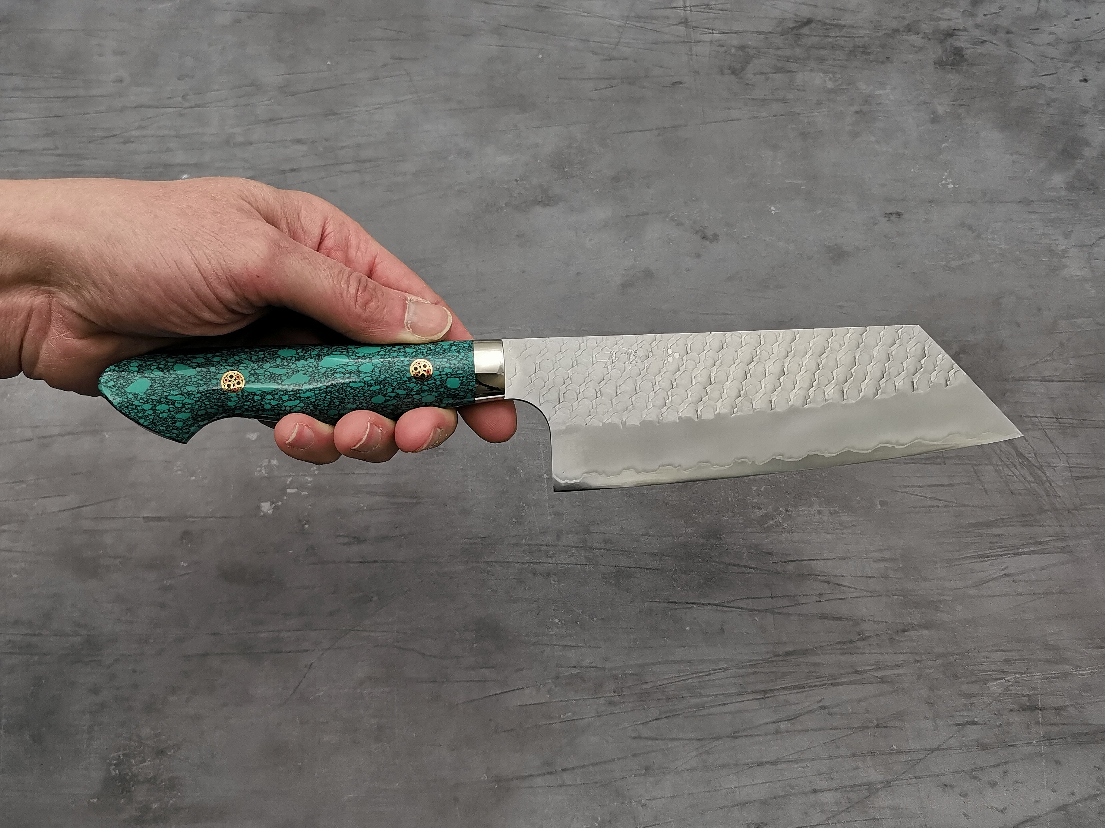 Premium Nigara Hamono SG2 Tsuchime Kiritsuke Nakiri Knife with Green Turquoise Handle - Japanese Kitchen Knife for Sushi, Vegetables & Precision Cutting