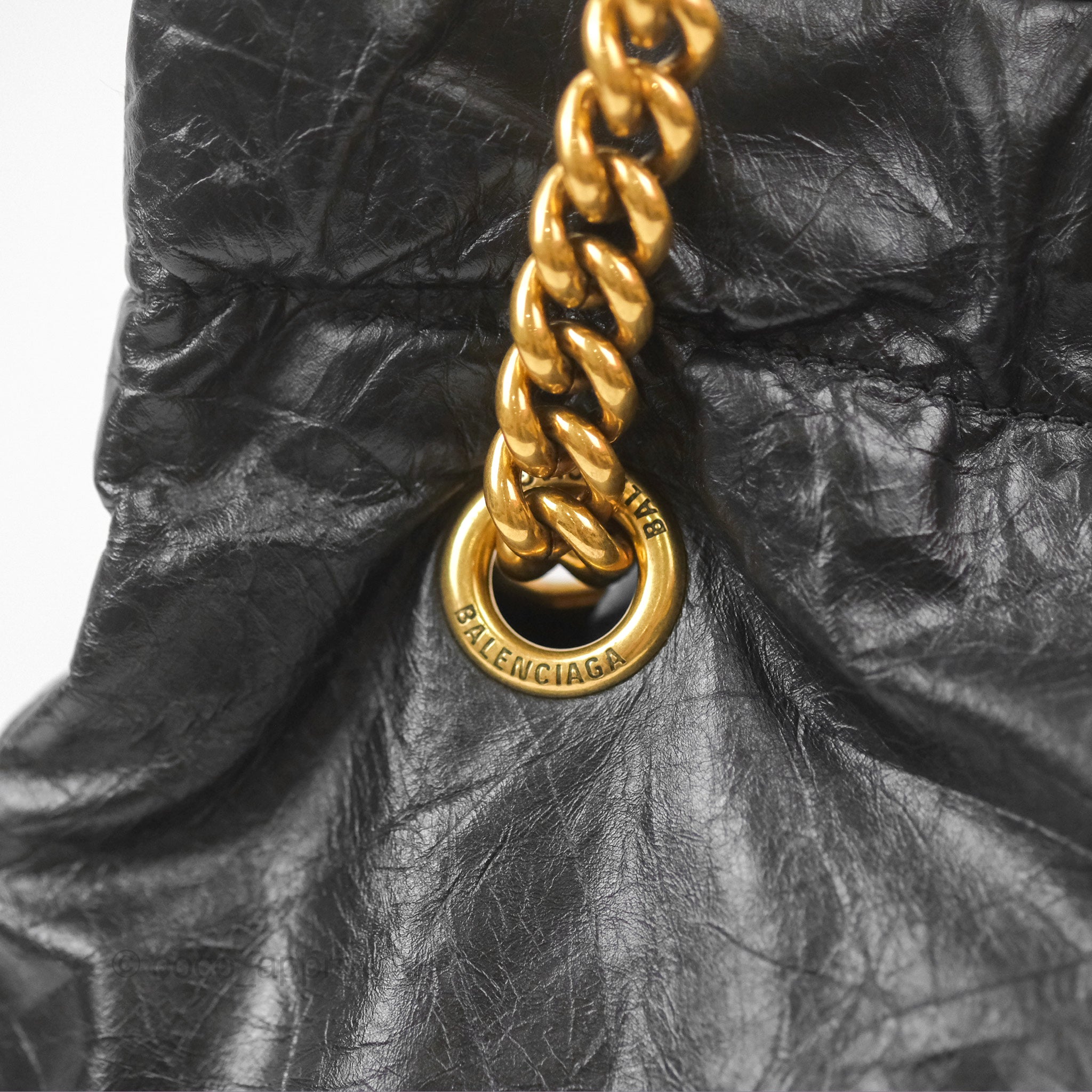Balenciaga Small Crush Tote Bag in Black Calfskin with Aged Gold Hardware - Stylish Designer Handbag for Women, Perfect for Work, Travel & Everyday Use