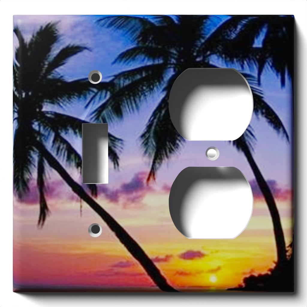 Palm Tree Sunset Decorative Light Switch and Outlet Cover - Single Toggle & Duplex Receptacle Wall Plate Combo for Beach House, Tropical Bedroom, or Vacation Home Decor