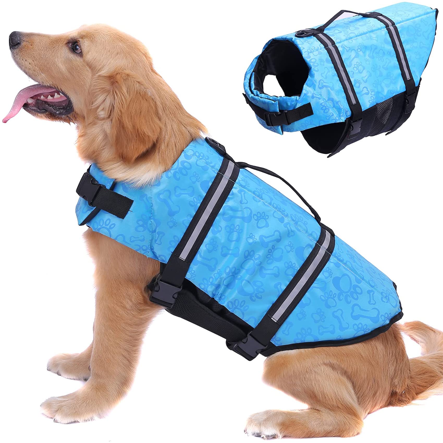 Waterproof Reflective Pet Life Jacket - Safety Vest with Collar Harness for Dogs, Swimming & Boating Gear - Orange & Blue Oxford Fabric for Pool, Beach & Water Activities