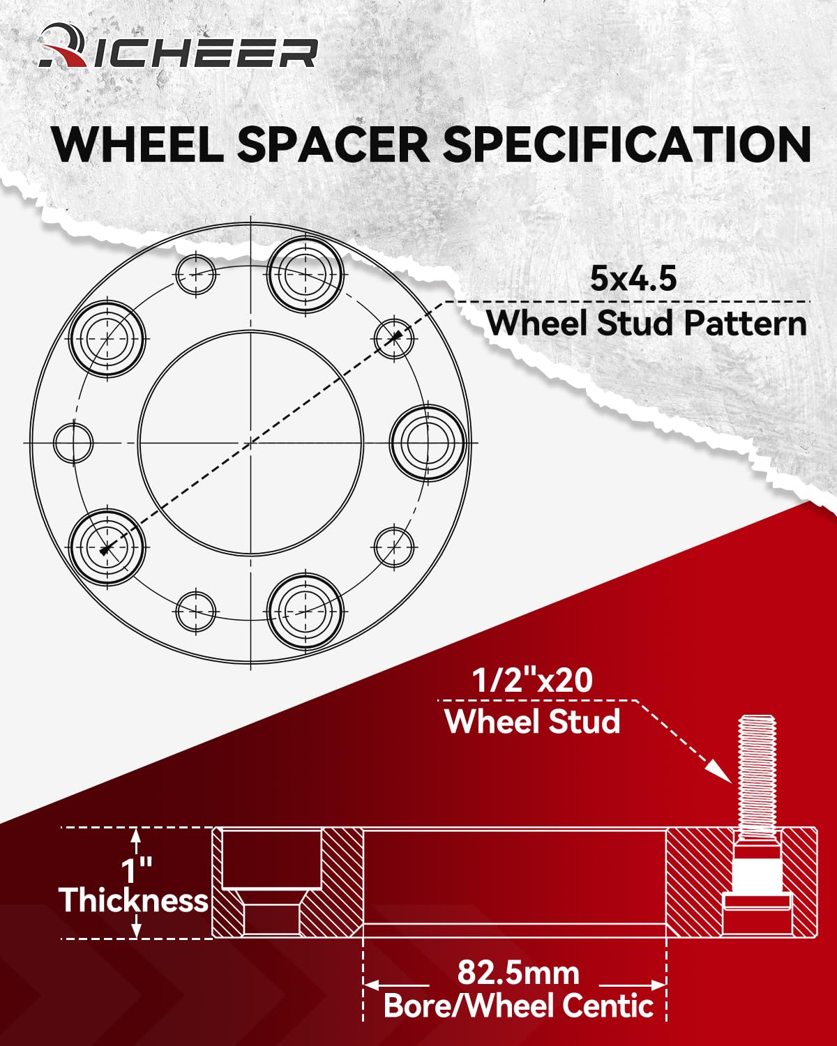 Richeer 5x4.5 Wheel Spacers 1 Inch (4PCS) - 5x114.3mm 5 Lug Forged Wheel Spacer with 1/2-20 Studs & 82.5mm Center Bore - Compatible with Jeep Wrangler YJ TJ XJ KJ KK ZJ, Ford Explorer Mustang Edge Ranger - Perfect for Off-Roading, Lifting & Custom Wheel Fitment